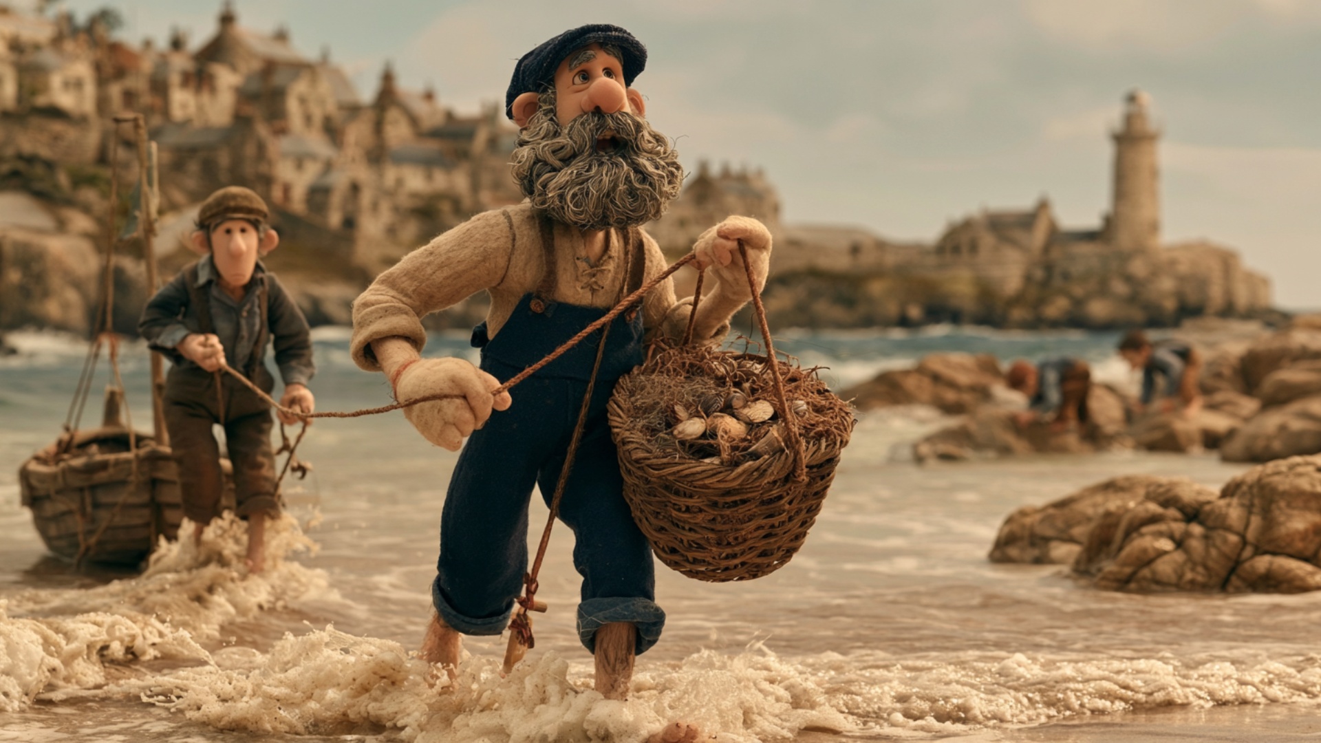 The fisherman carefully walks forward through knee-deep water, taking two slow heavy steps toward...