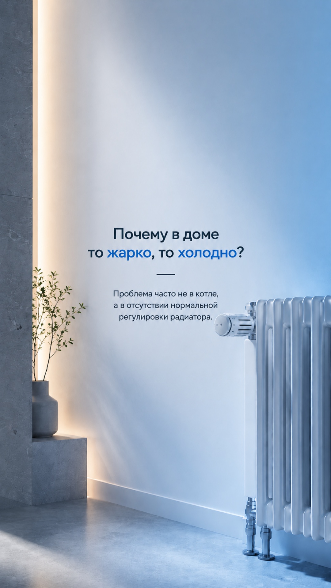 Статичный кадр современного минималистичного интерьера в бело-голубых оттенках.
Слева тёплый мяг...