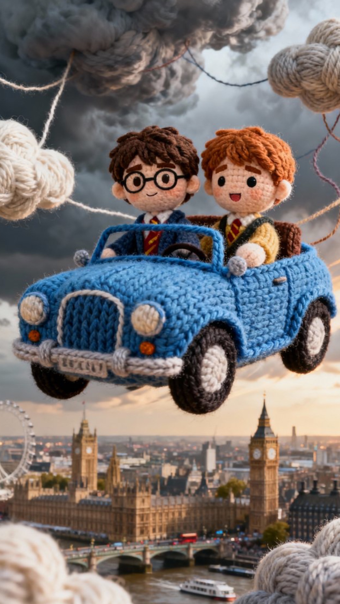 Animate knitted dolls Harry and Ron flying in blue car, yarn texture on clothes and car fibers fl...