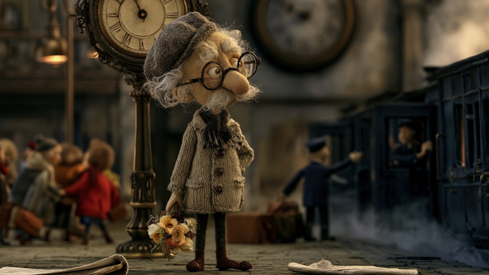 The elderly man stands beneath the station clock holding the bouquet, slowly scanning the platfor...