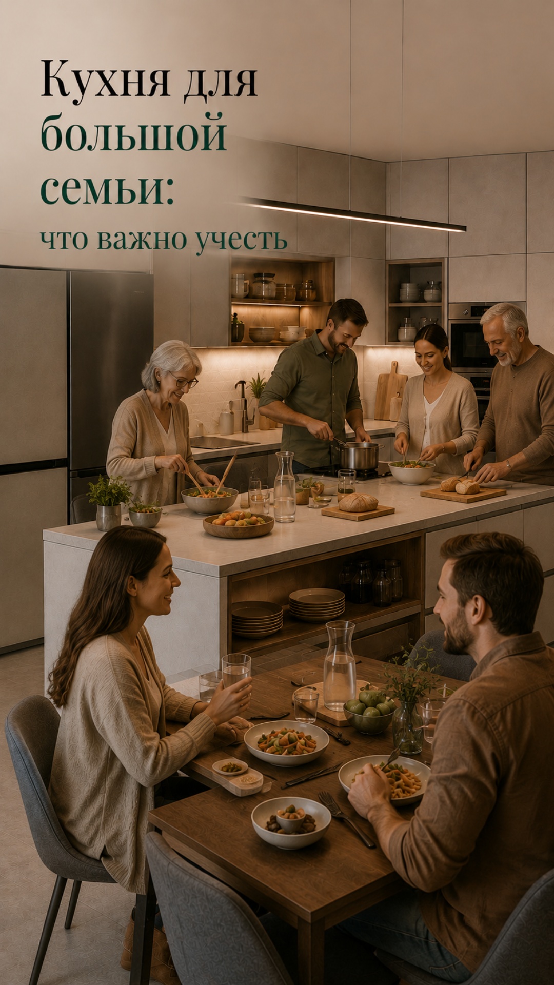Subject: Большая семья ужинает за кухонным островом и столом  
Context: Современная уютная кухня ...