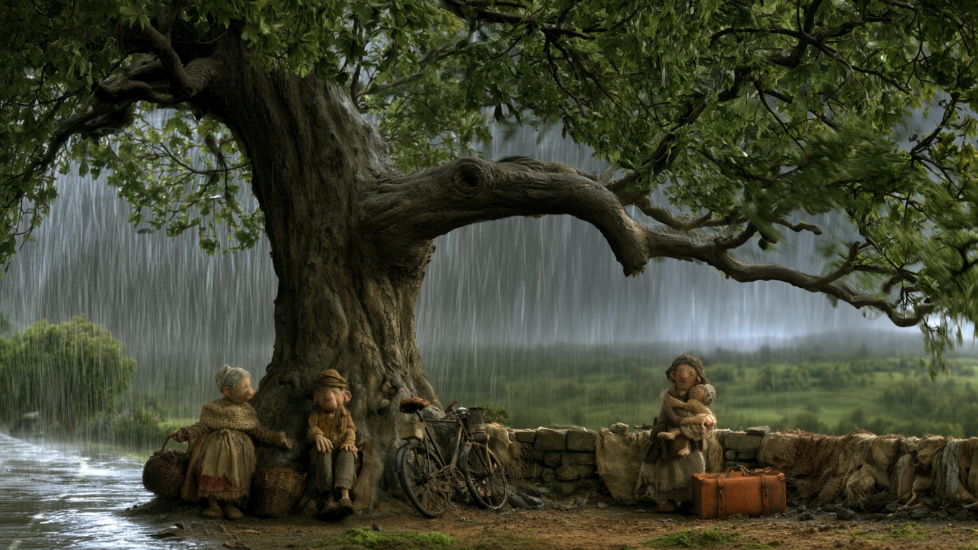 Cinematic pull-back revealing the full shelter beneath the giant tree. Heavy rain continues beyon...