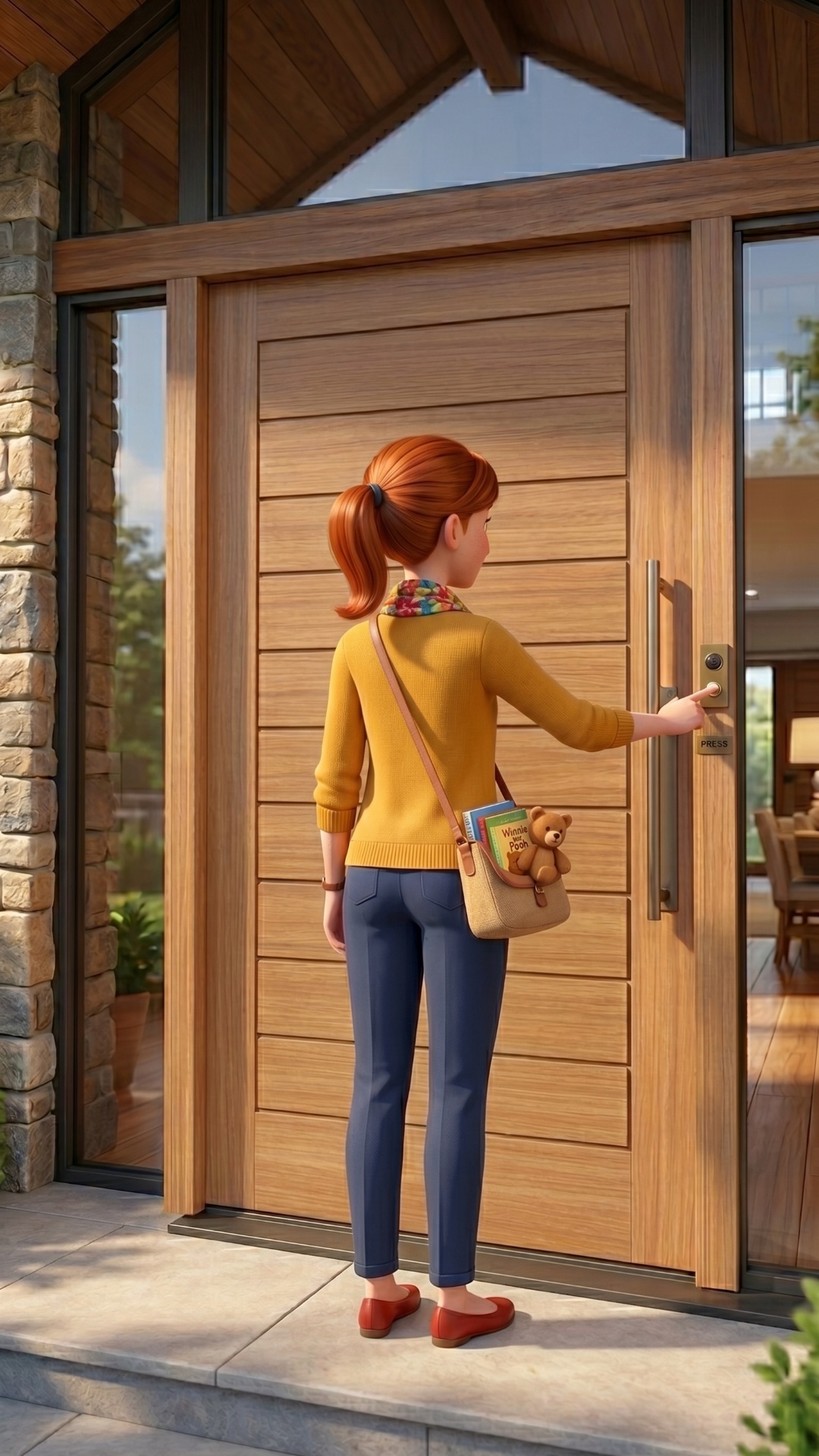 Cinematic Pixar-style animation. A ginger-haired woman with a ponytail and freckles, wearing prac...