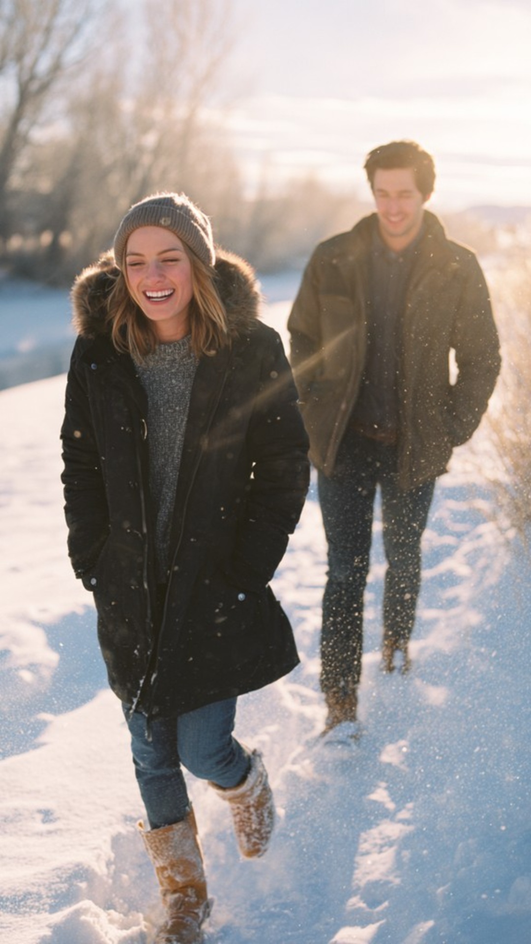 cinematic winter film scene of a happy couple walking through deep snow during golden hour, the w...