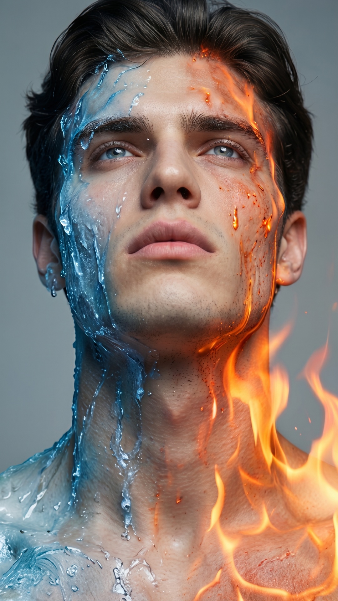 Cinematic low-angle medium close-up of the man from image. Direct continuation of the movement. H...