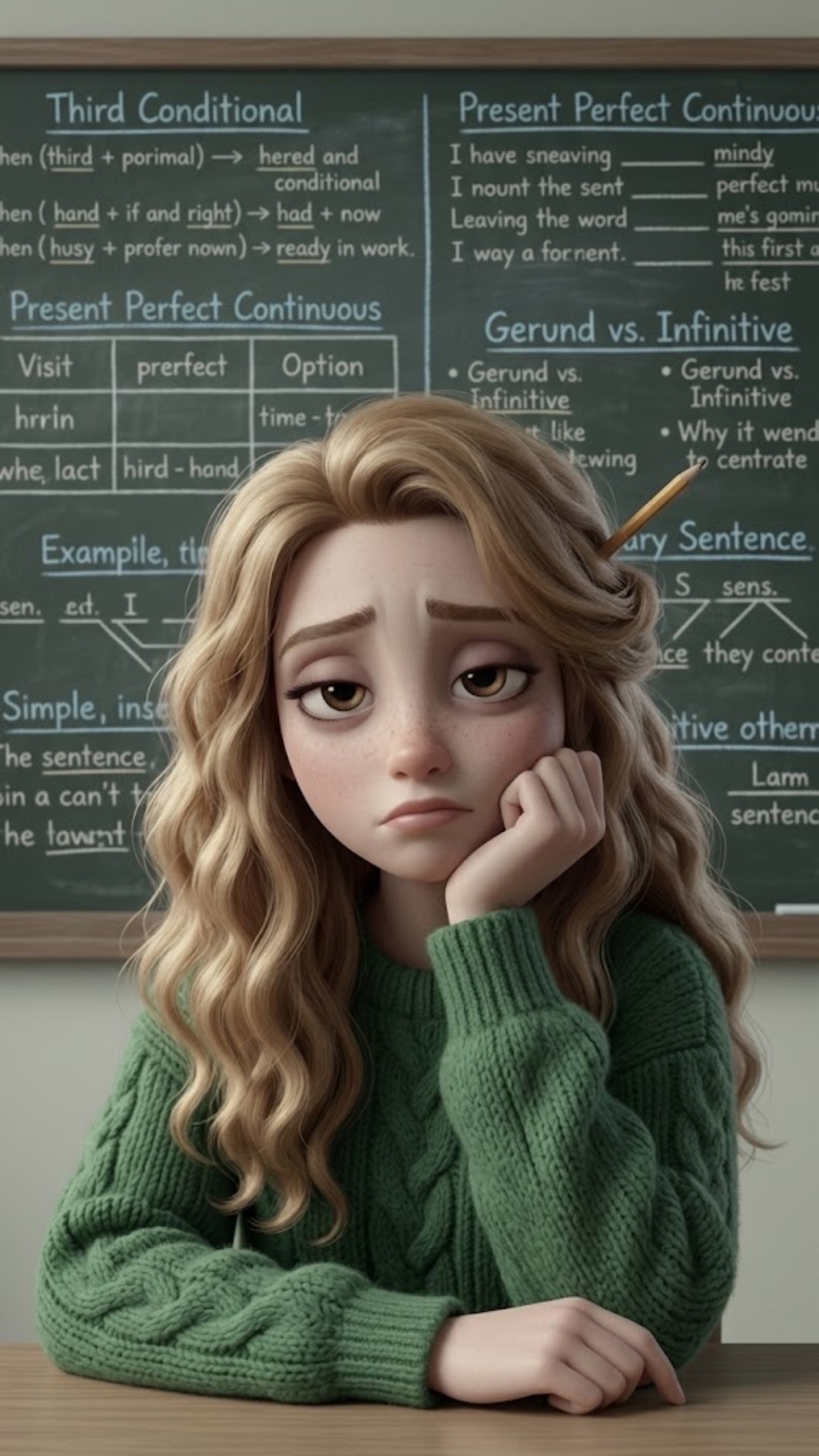 Strong rule: style --- 3D Pixar ---. Olena looking extremely bored and sleepy, resting her chin o...
