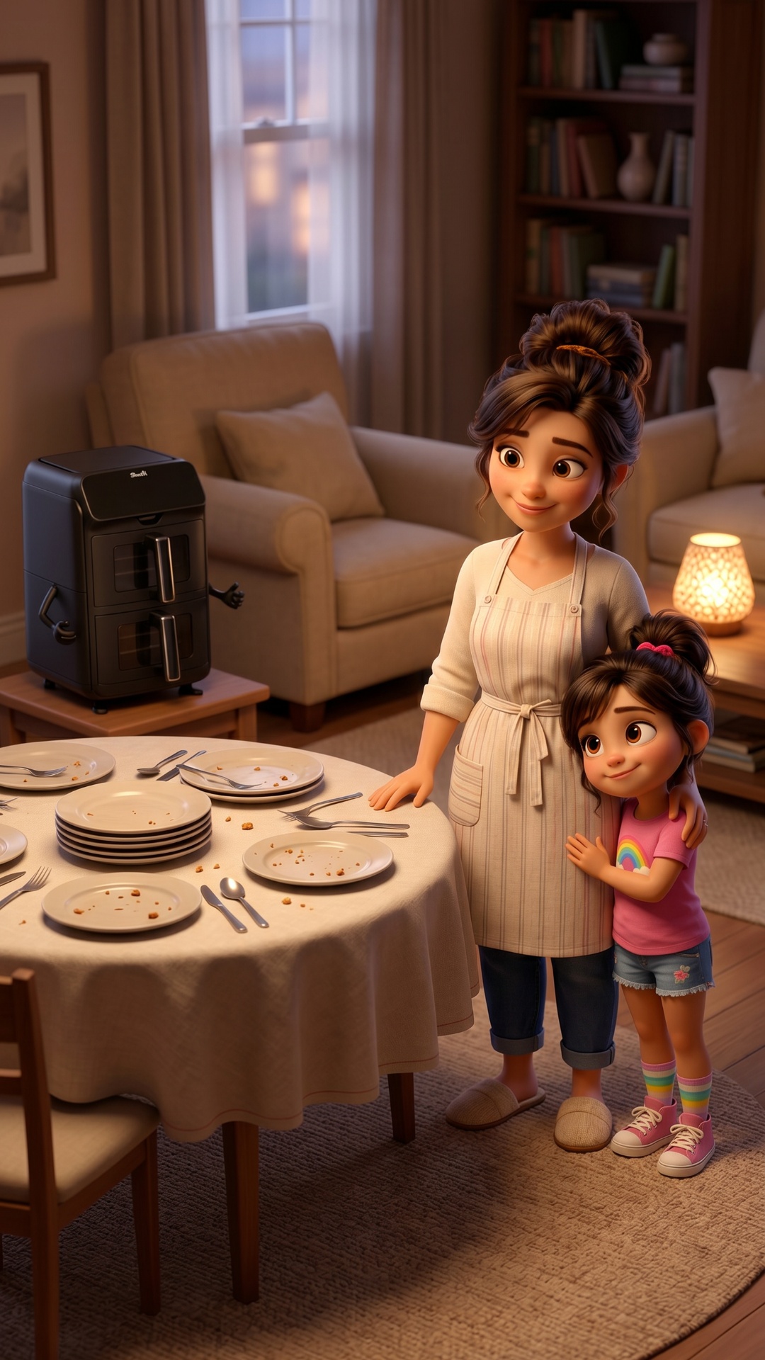Quiet evening. Empty plates remain on the table. Mother and daughter stand together looking at th...