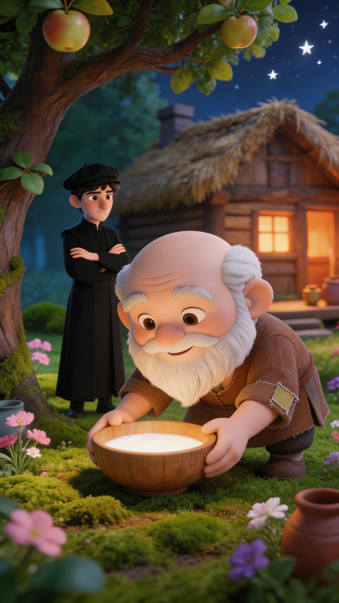 Style:
Whimsical forest fantasy, cozy magical night atmosphere, warm golden hour light from a ca...