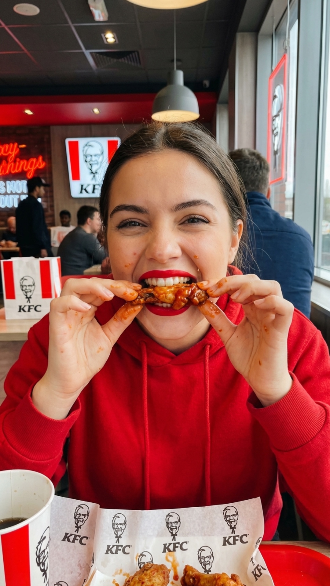 Красивая девушка аппетитно поедает крылышко из kfc с лицом человека
