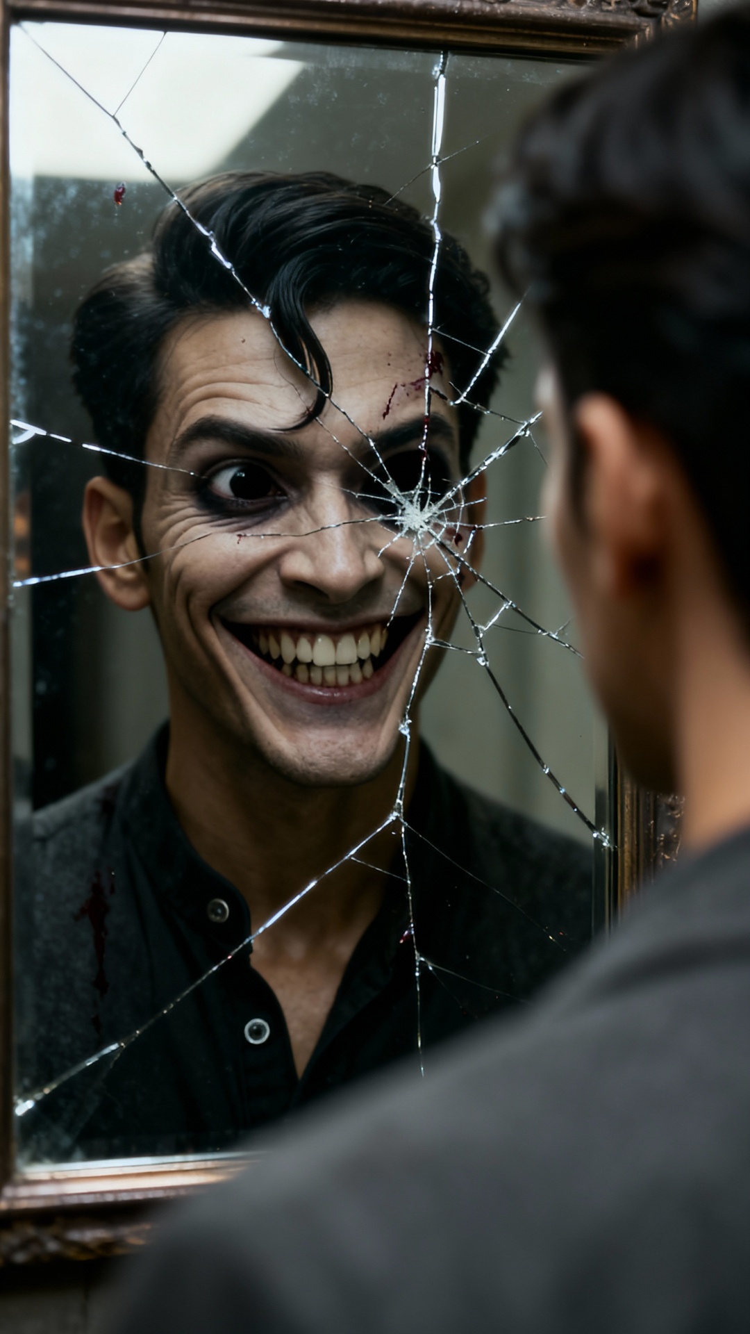 Fragmented, surreal flashes: a human face distorted in a silent scream, mouth agape with saliva s...