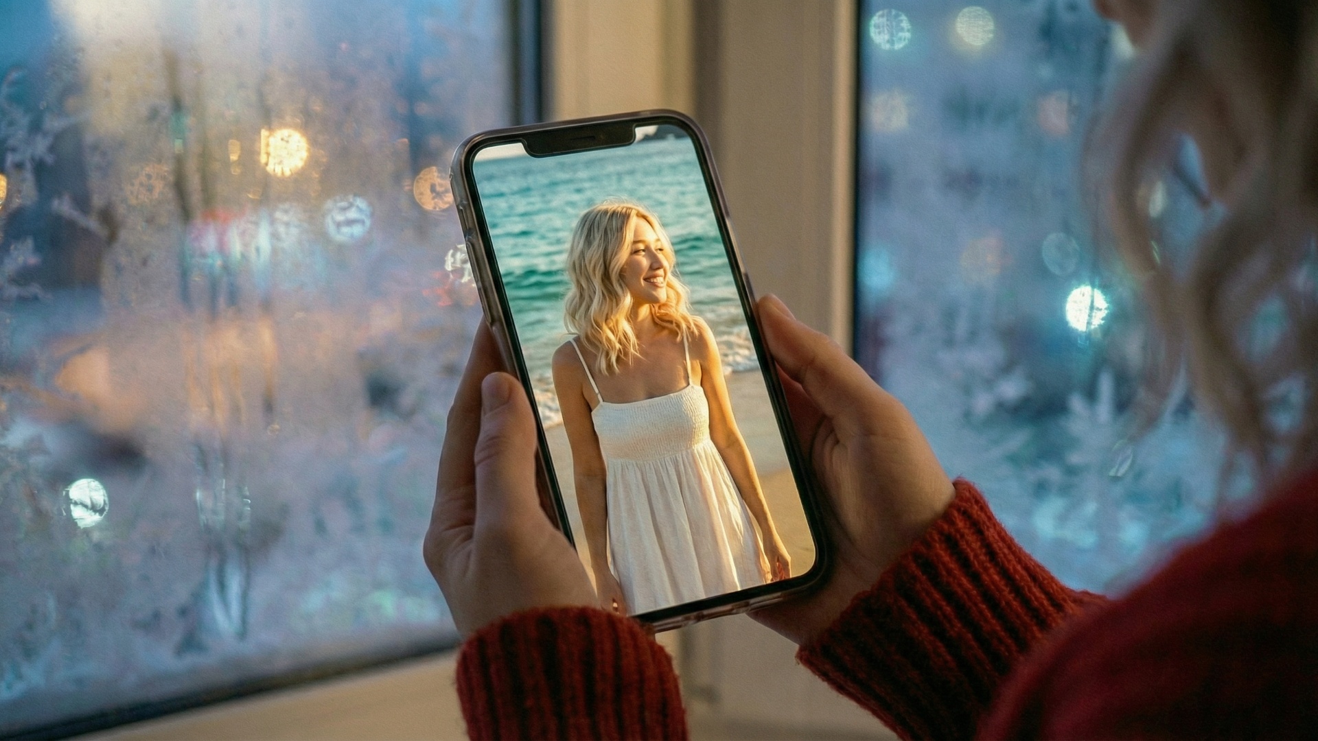 Subject: Hands holding a smartphone
Context: Interior winter apartment by a frosty window at nigh...