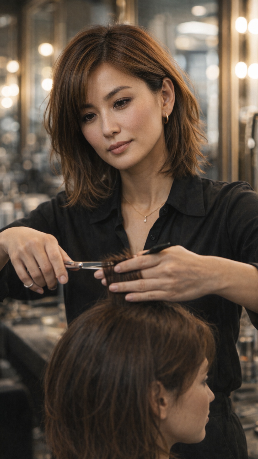 A realistic Kyrgyz woman works professionally inside a modern beauty salon in Moscow. She careful...
