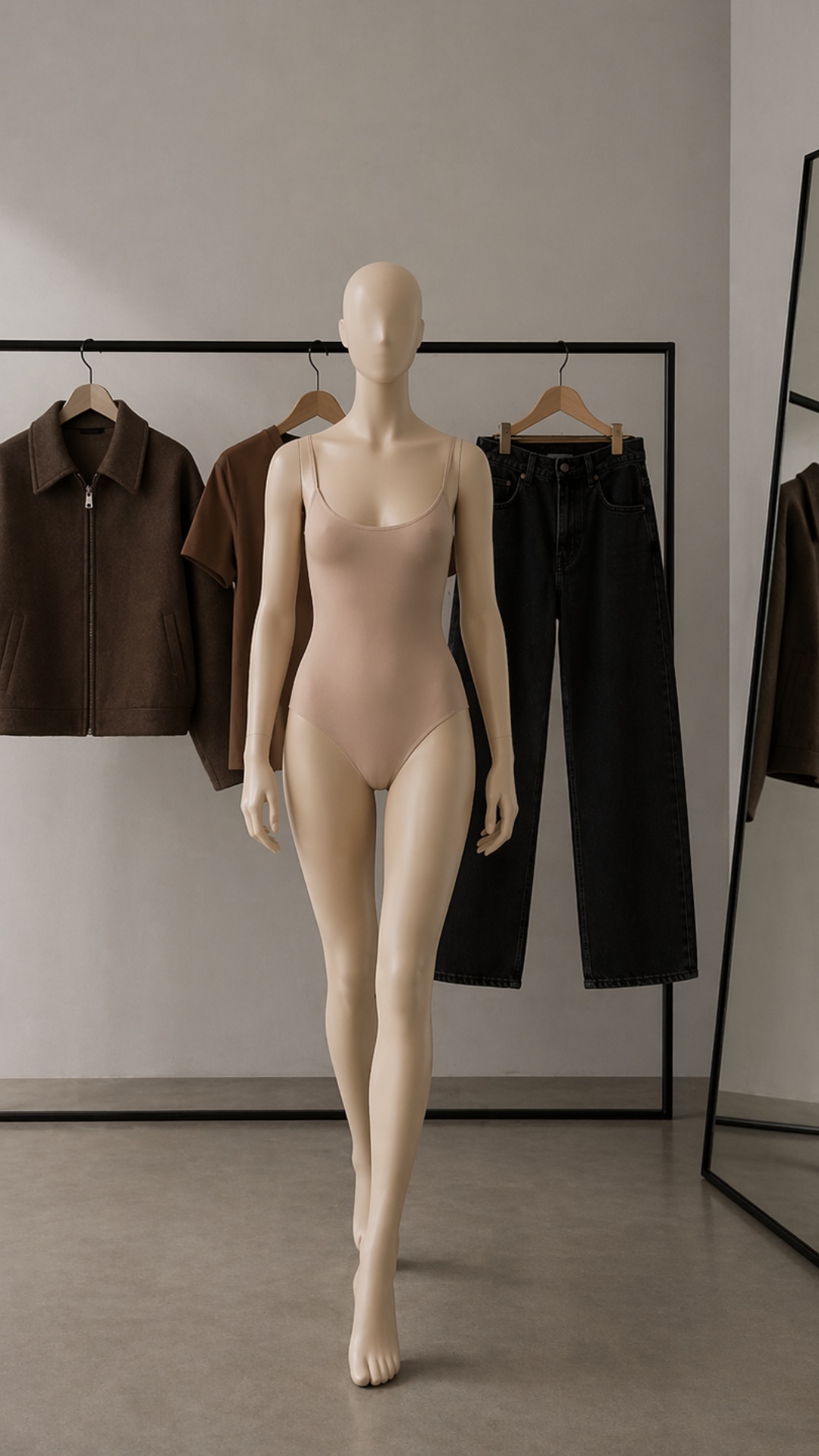 A minimalist fashion studio interior with soft neutral lighting. A full-body female mannequin sta...
