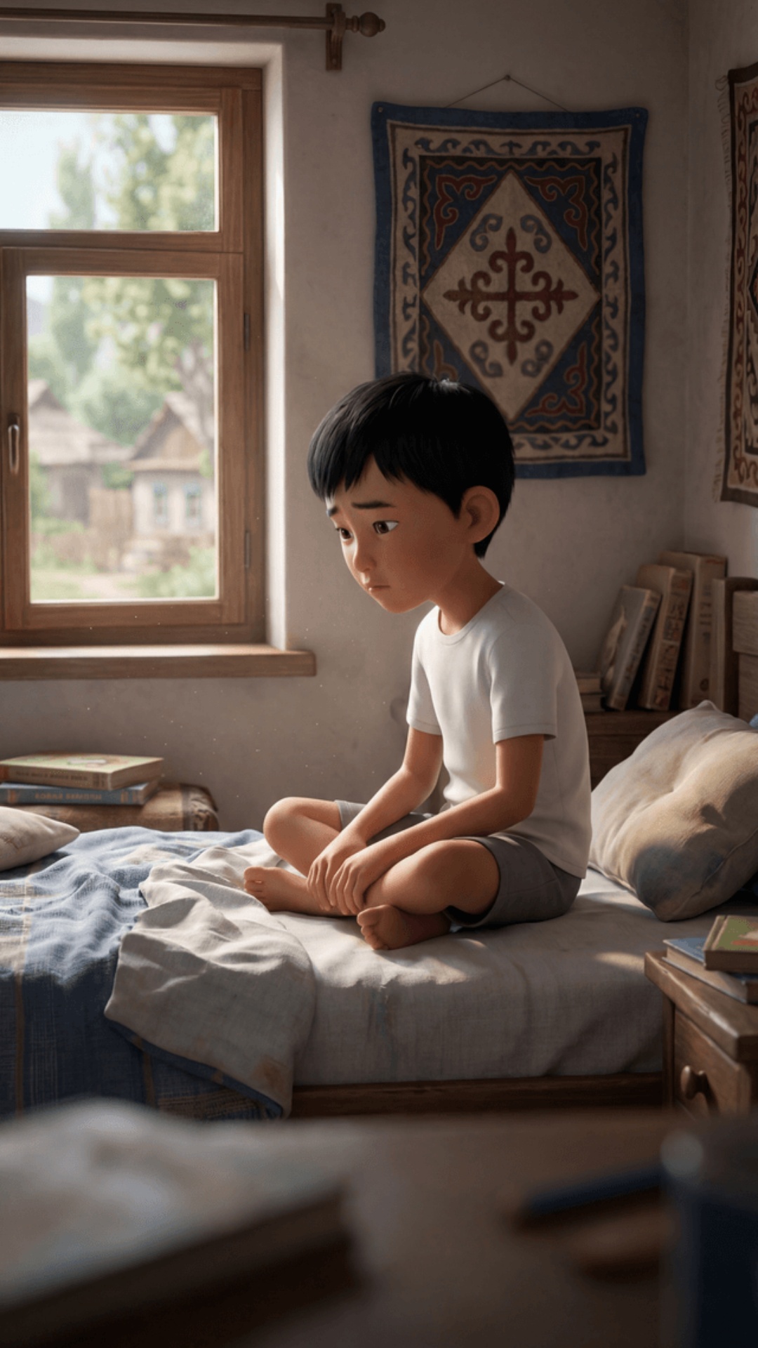 Boy alone in room, sitting on bed, still looking directly into camera.

Voiceover (quiet emotiona...