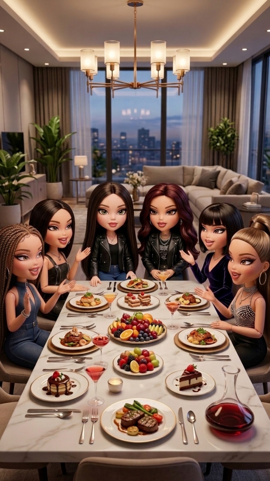 Using the provided reference image, keep all the girls' faces, hairstyles, clothing, and collecti...