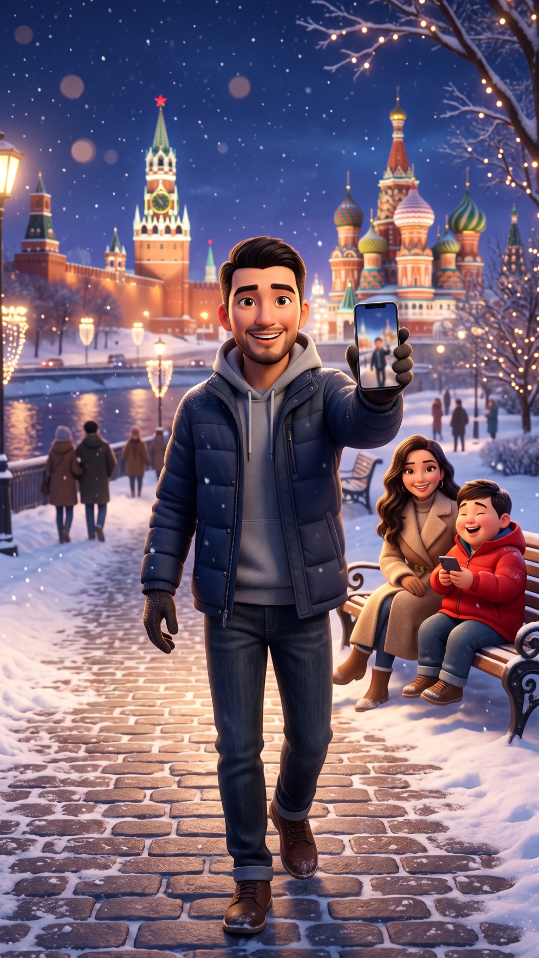 Animate this image. Pixar-style 3D, vertical 9:16. The man in the dark blue jacket walks forward ...