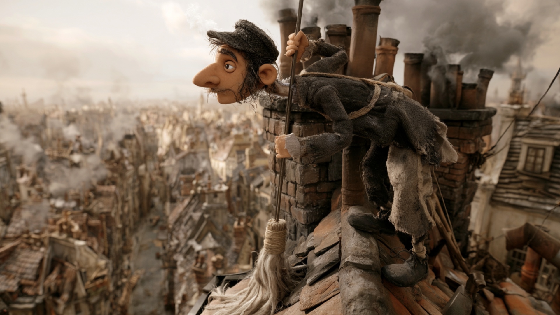 The chimney sweep keeps both hands on the existing long brush pole and slowly lowers it deeper, t...