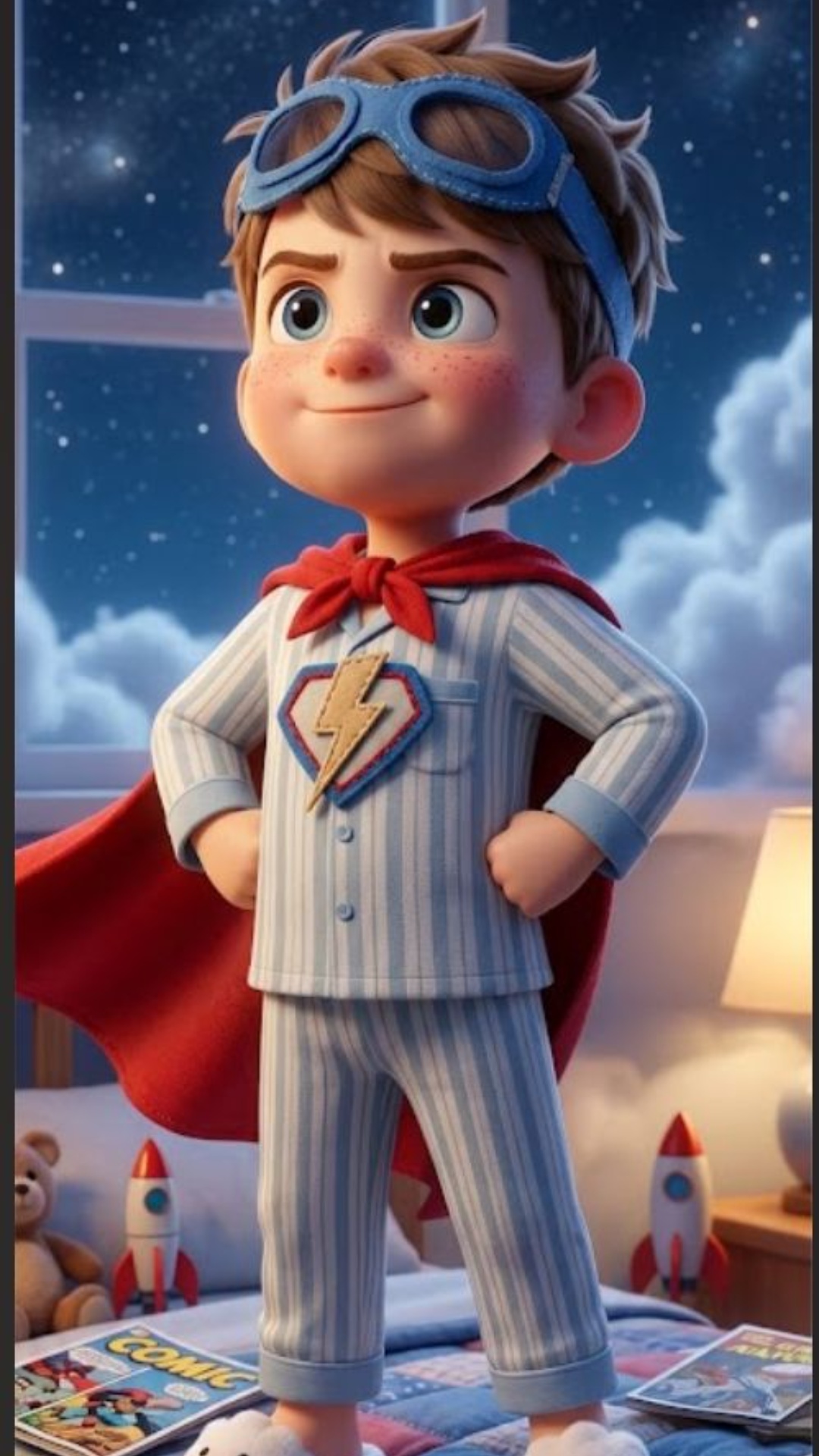 Niño se levanta en posición heroica , pronto para salvar el dia