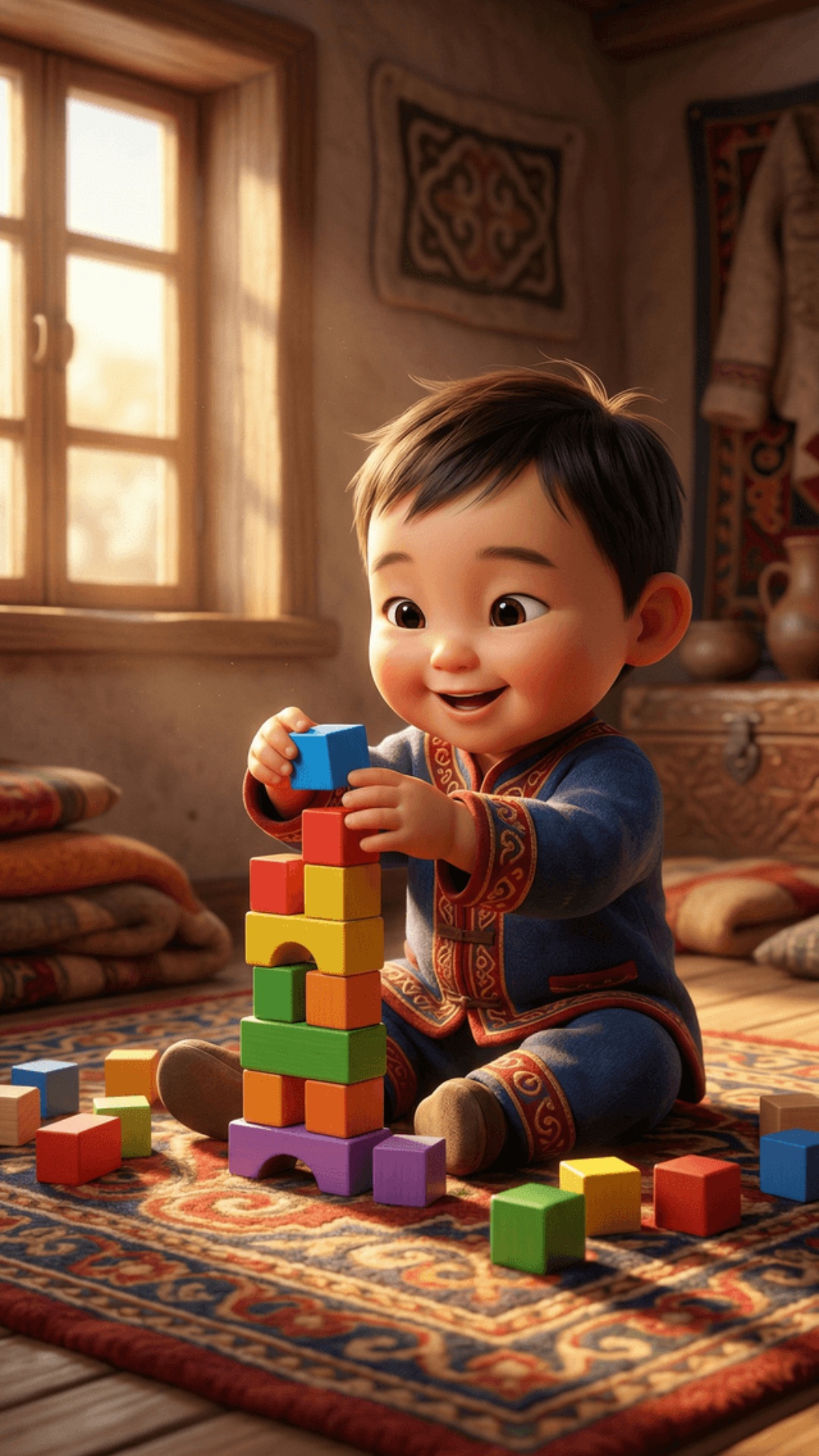 vertical video 9:16, pixar style animation, fully stylized cartoon кыргыз characters, no realism,...