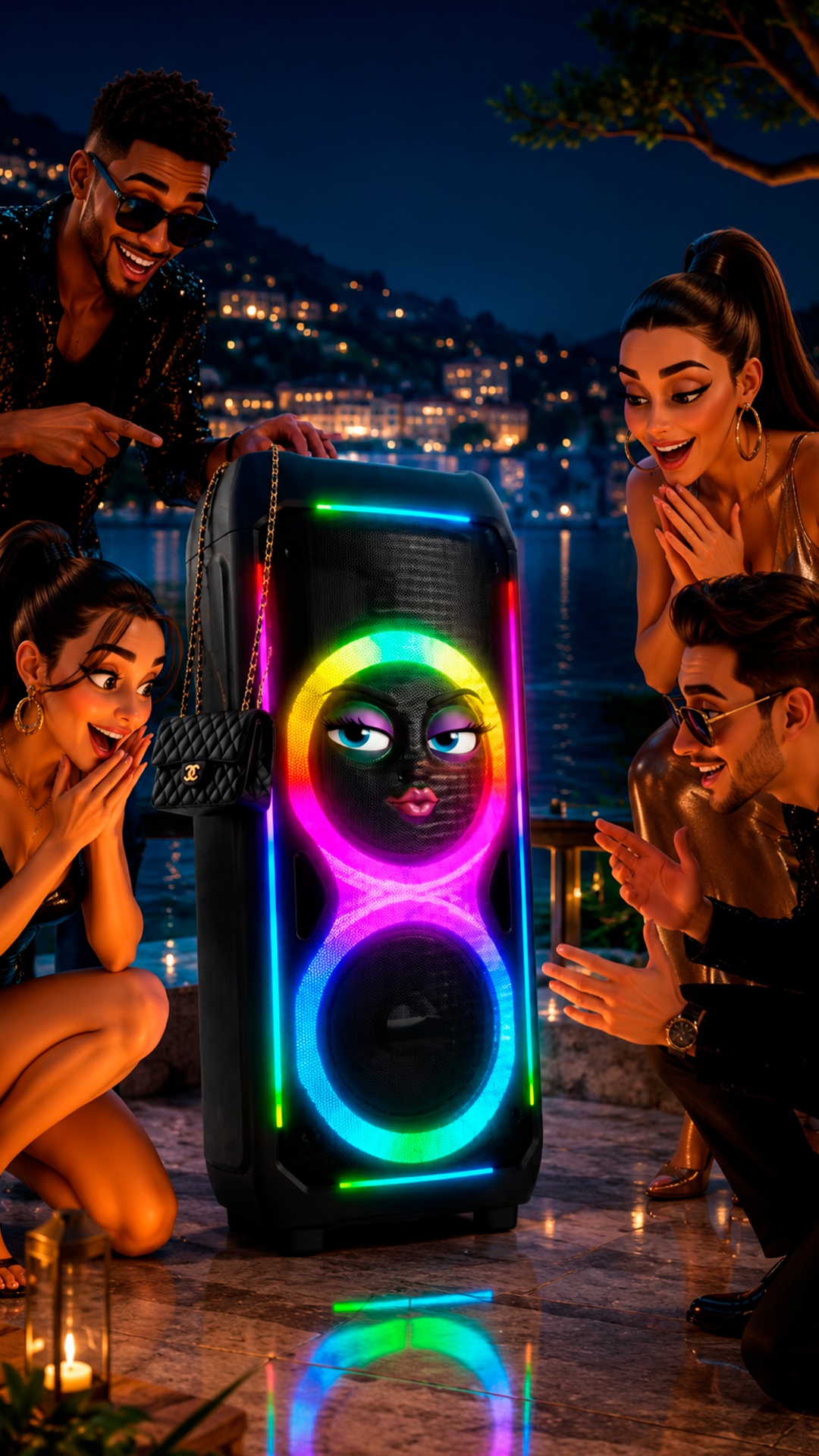 Animate the black speaker with the handbag playing proudly near the lake. Animate the people arou...