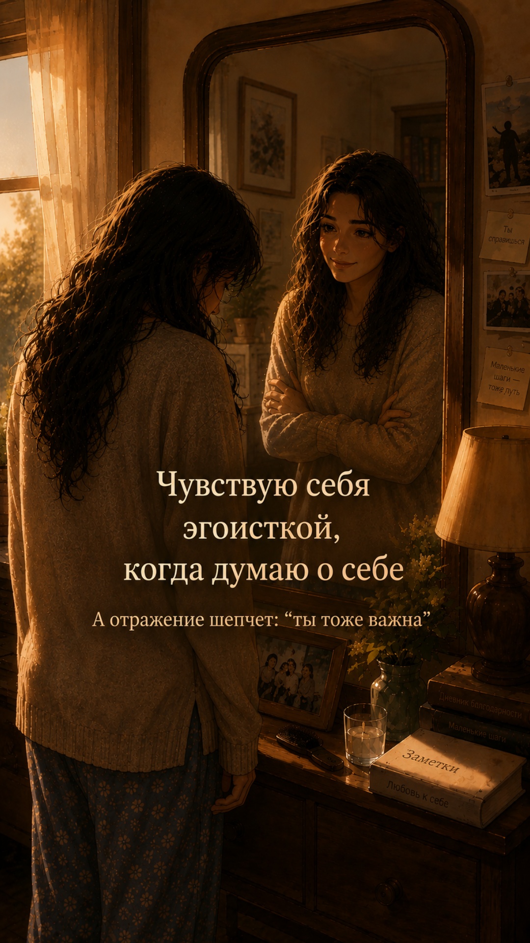 Вертикальный кадр 9:16. Тёплая комната в закатном свете, мягкие оранжево‑золотые оттенки. Девушка...