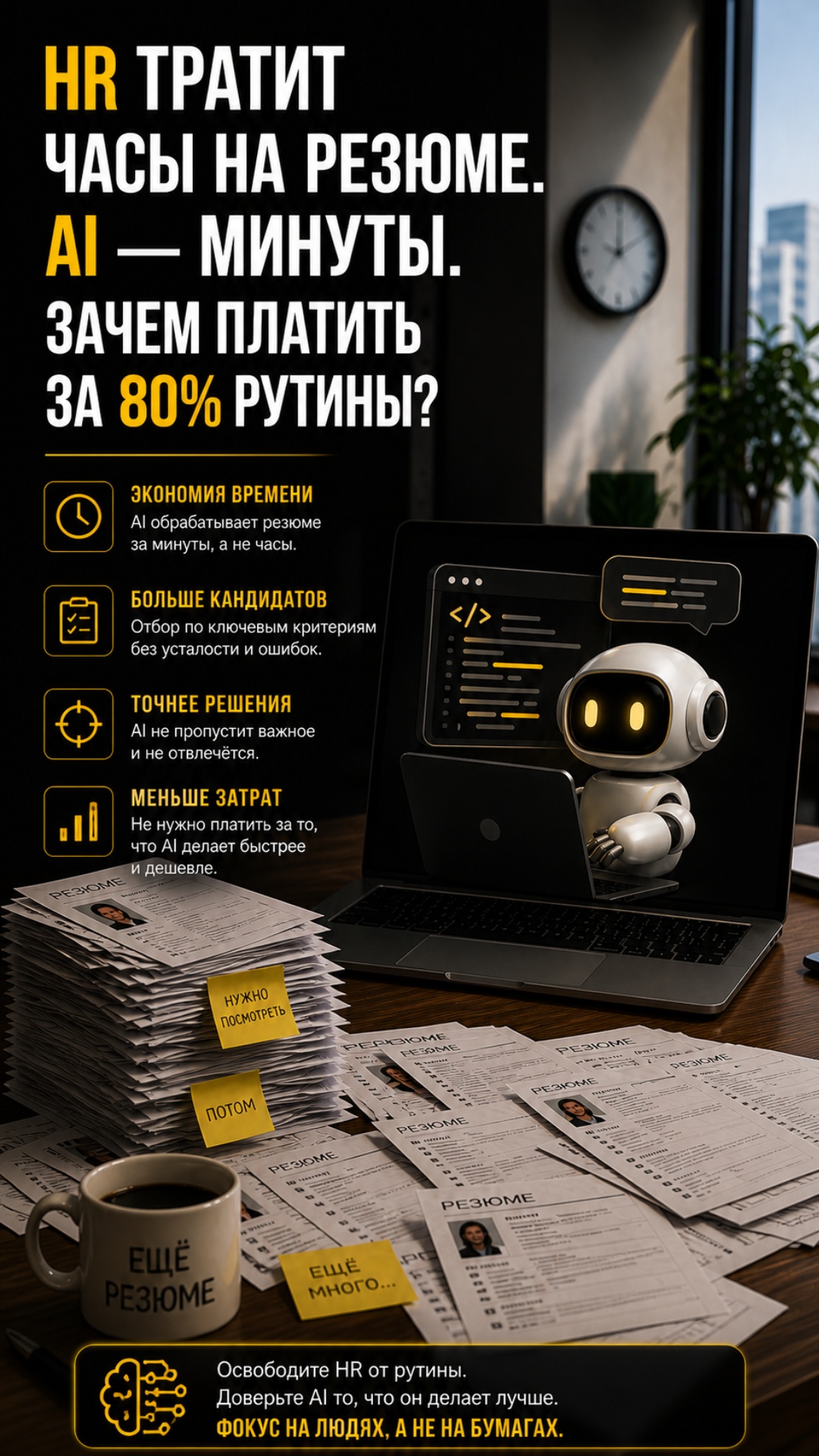 Анимируй статичный кадр: медленный плавный зум‑ин на стол и ноутбук в течение 6 секунд, резюме на...