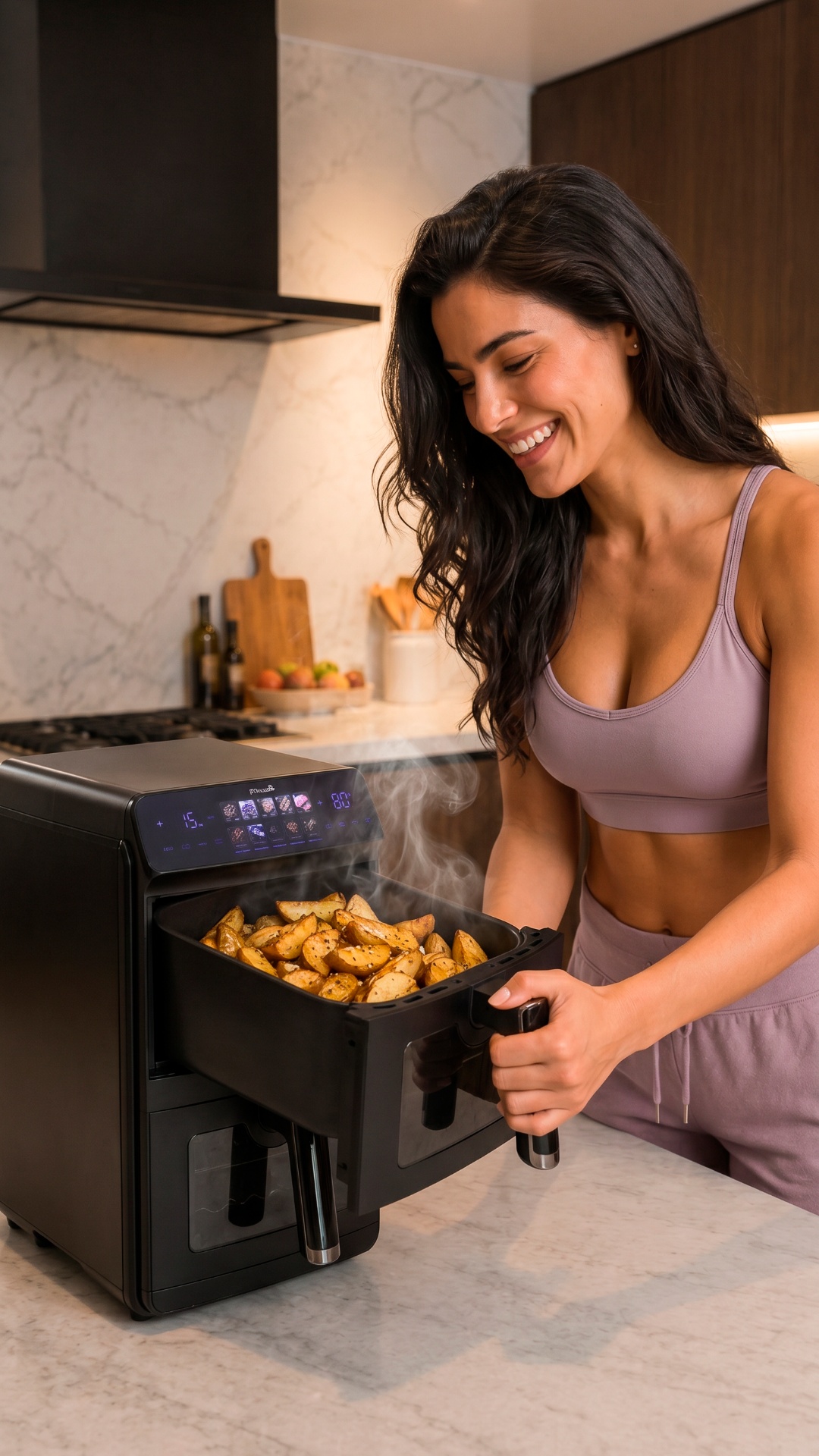 Realistic cinematic video.

The woman opens the upper drawer.

Hot golden potatoes are reveal...