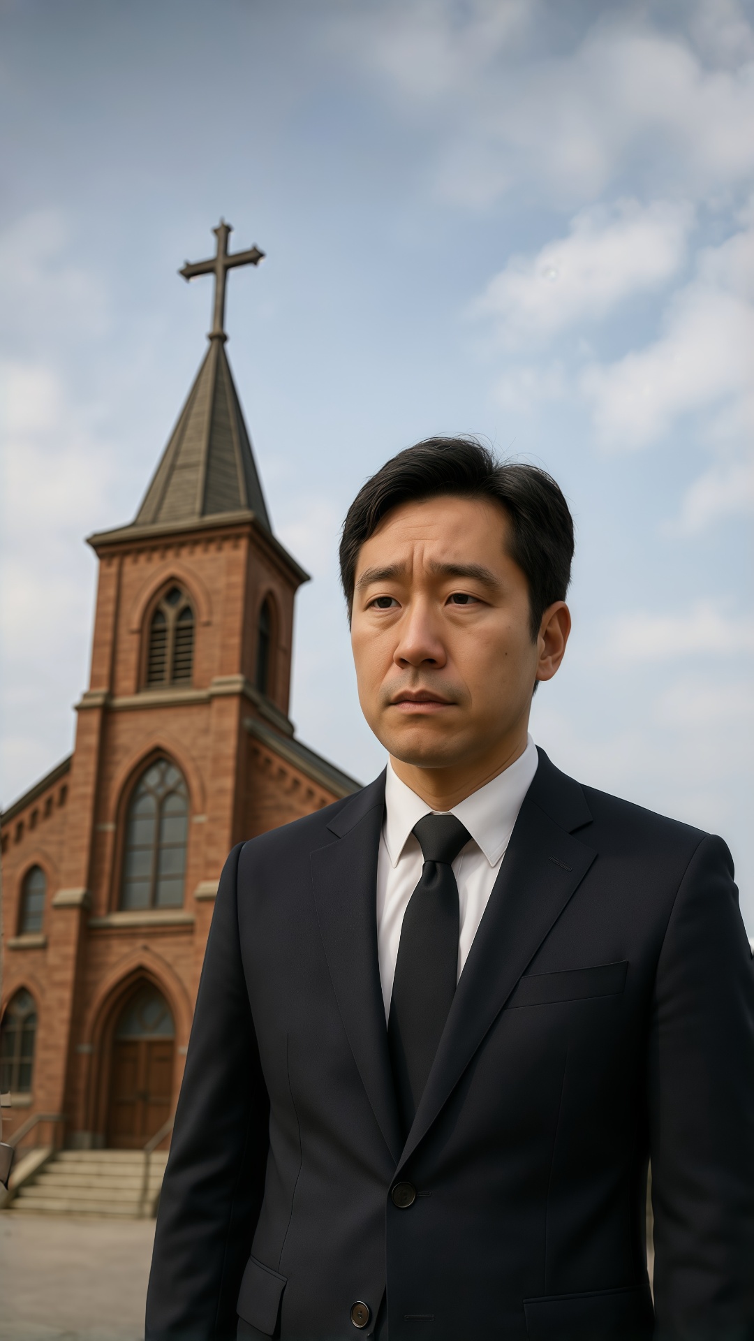 Inside a church in Korea, a Korean man smiles gently and speaks in clear, distinct Korean:
“창조주 하...
