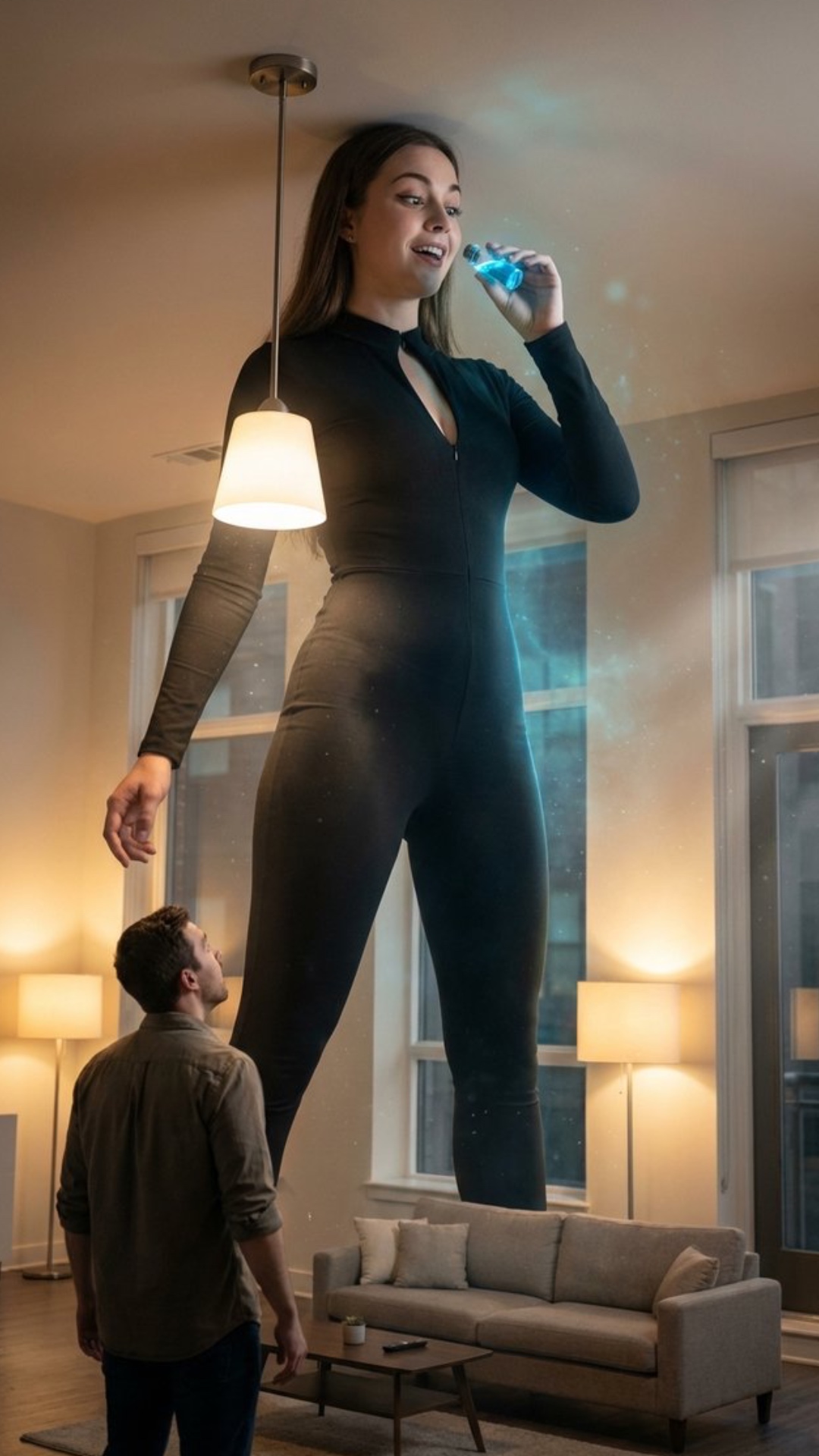 cinematic giantess transformation video, a young woman in a black jumpsuit drinks a glowing potio...