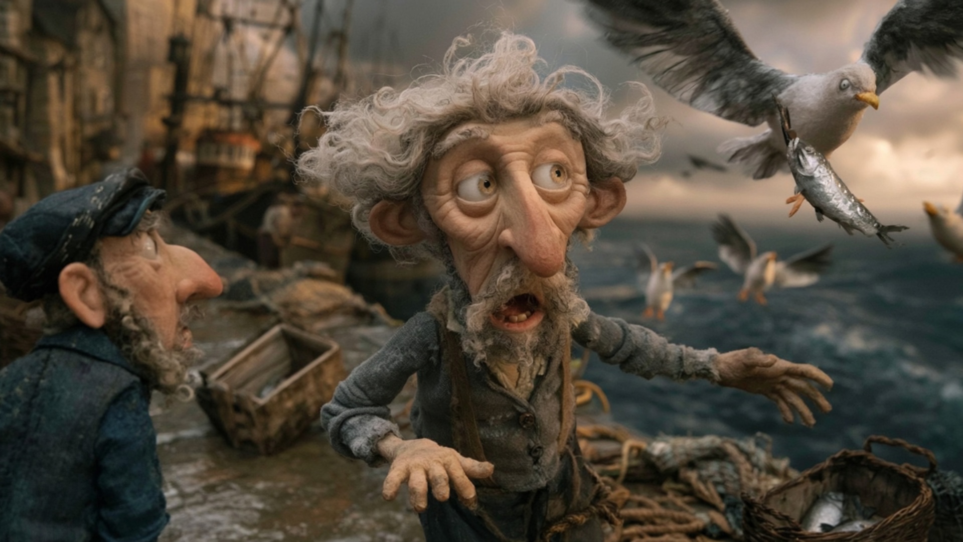 The seagull beats its wings strongly and rises away from the quay carrying the silver fish firmly...