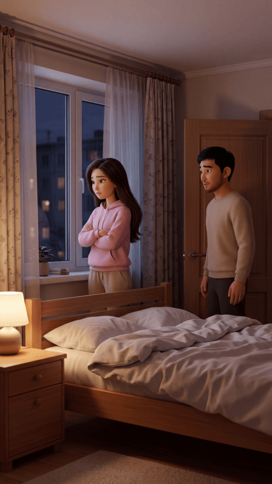 Pixar 3D animation style, cinematic 4K.
Moscow apartment bedroom, night.
Wooden bed, warm nightst...