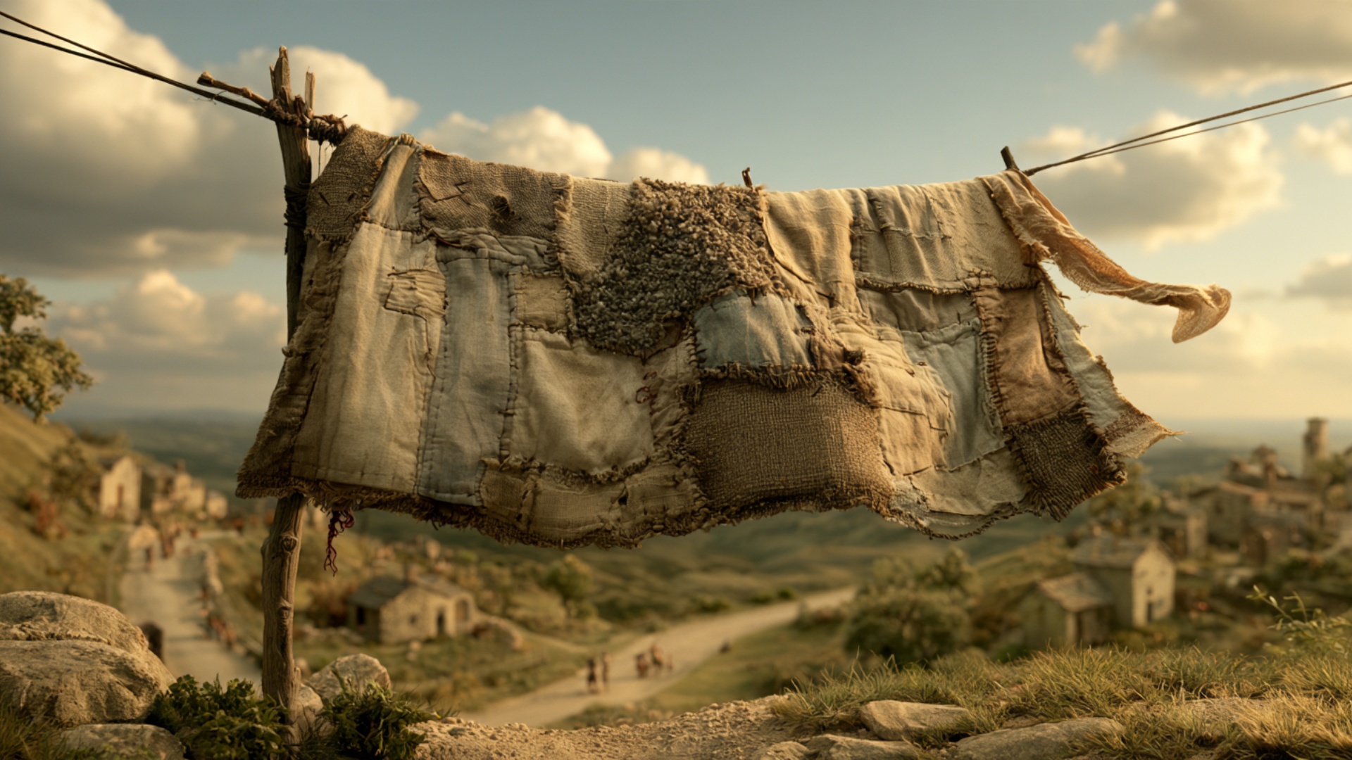 Cinematic pull-back from the large weathered patchwork cloth, gradually revealing more of the dis...