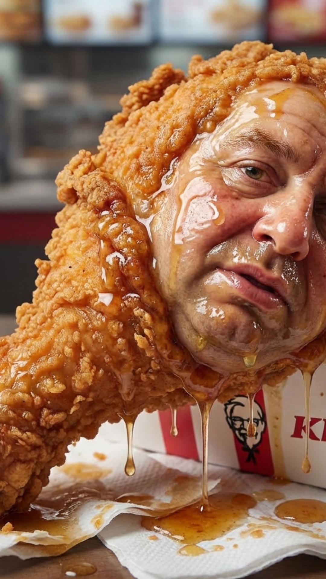 A funny, absurd animated scene of a crispy fried chicken drumstick (KFC-style) dancing energetica...