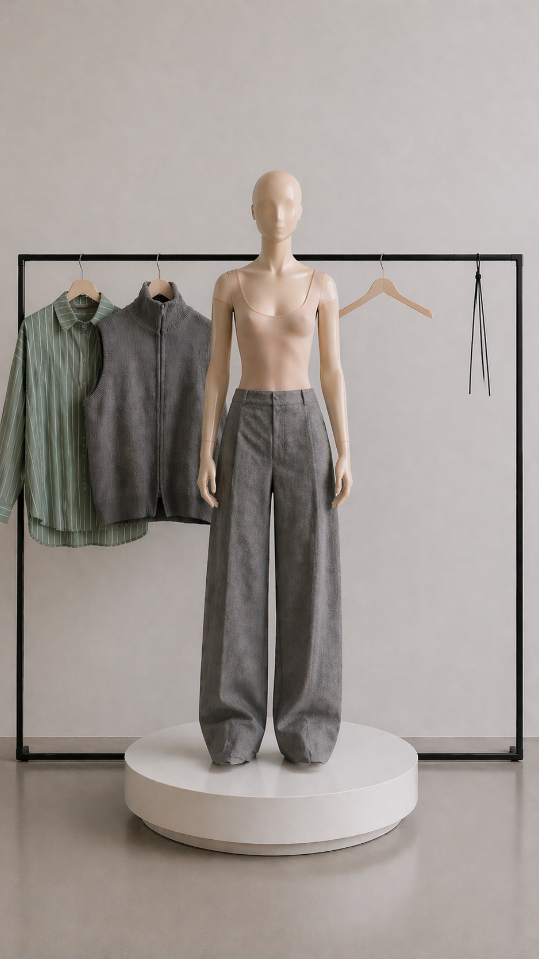 Minimalist studio scene in clean neutral tones. A faceless female mannequin made of matte nude-co...