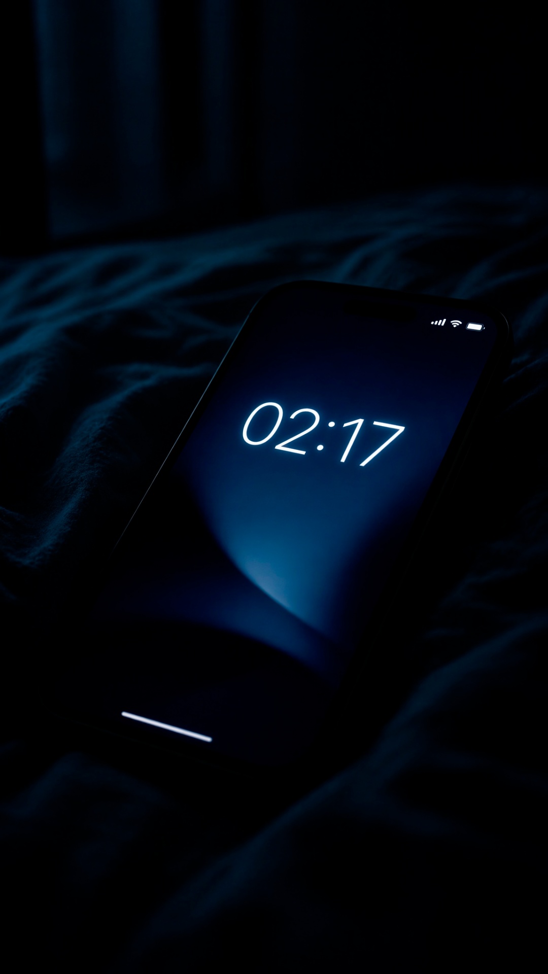 Static close-up shot.

Phone screen showing 02:17.

Very subtle camera drift.

The blanket ...