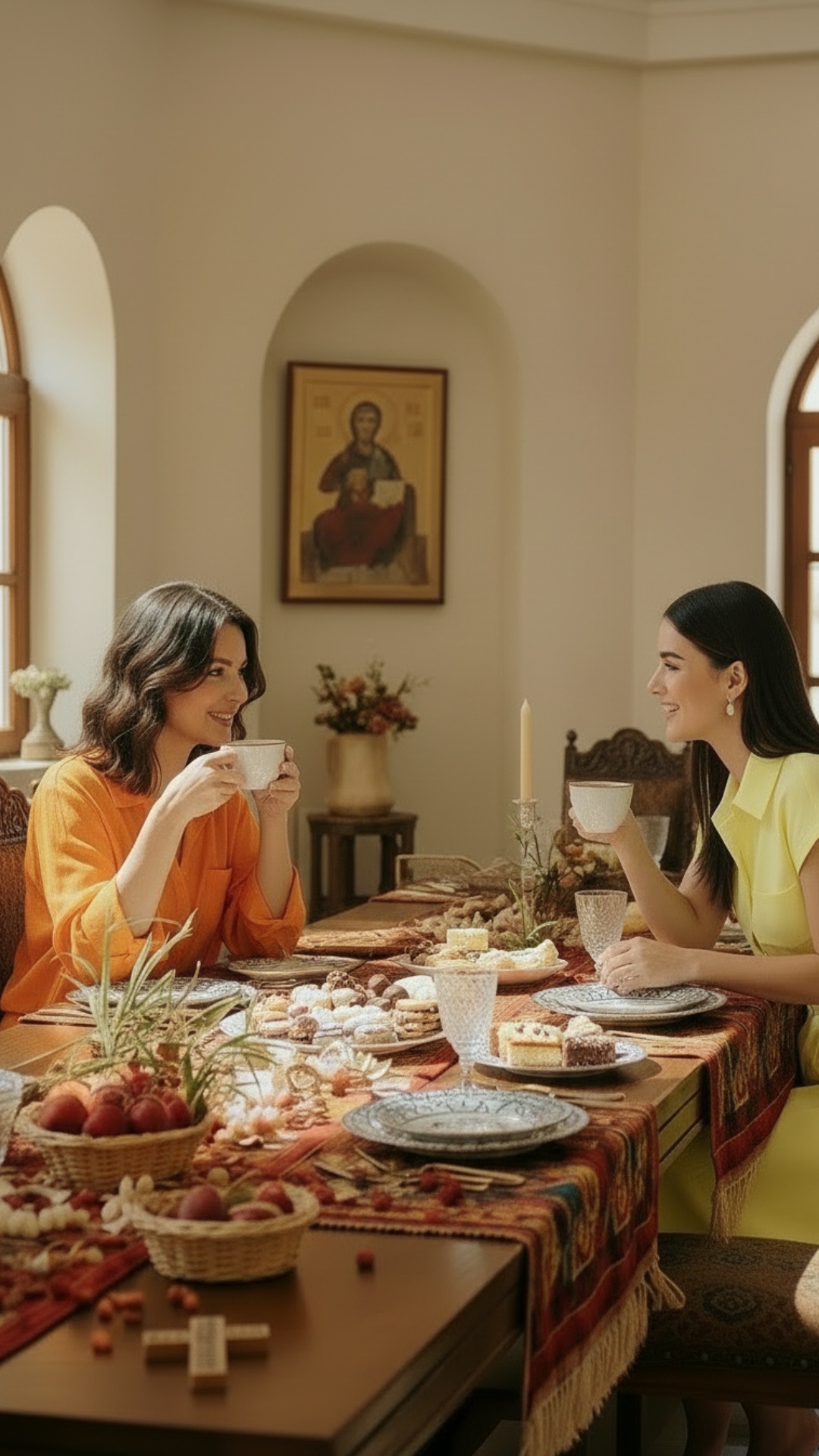 they are drinking coffee with sweets and chatting, siting at the same side of table