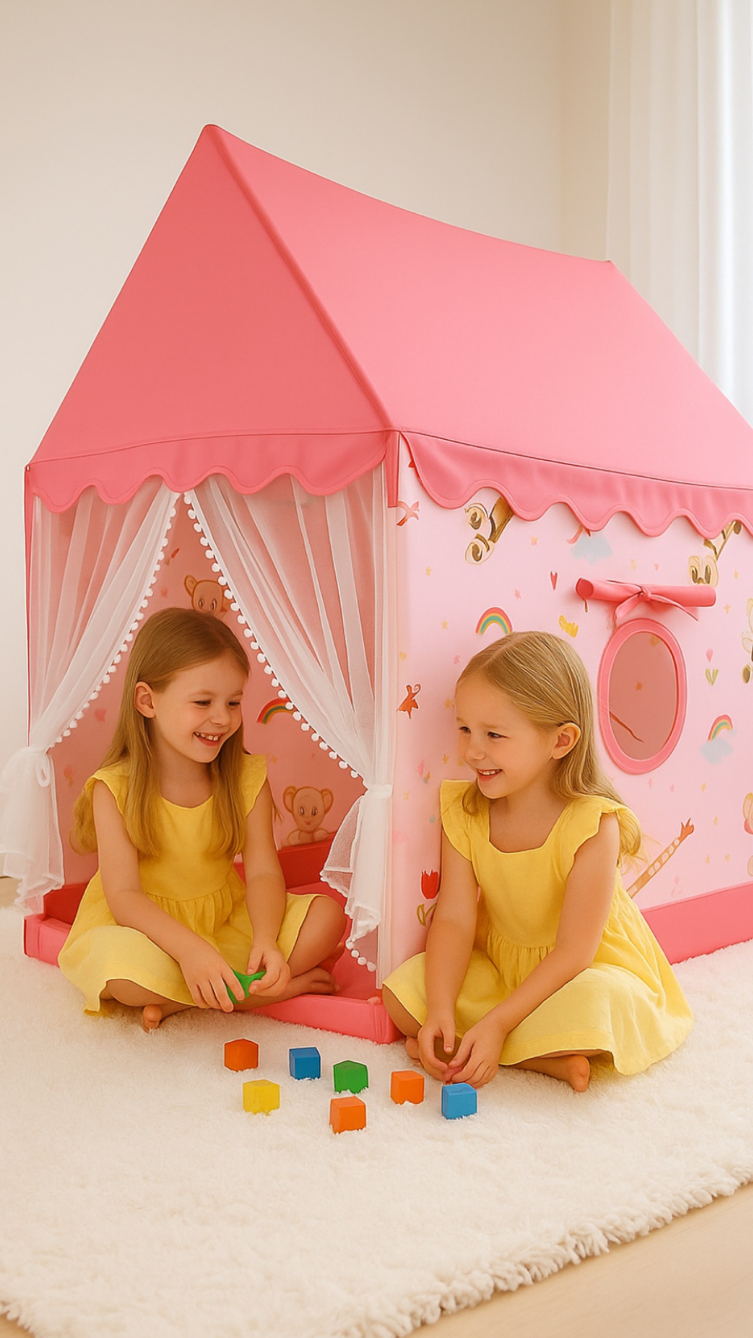Two little girls in matching yellow dresses play beside a pink play-tent on a fluffy white rug, l...