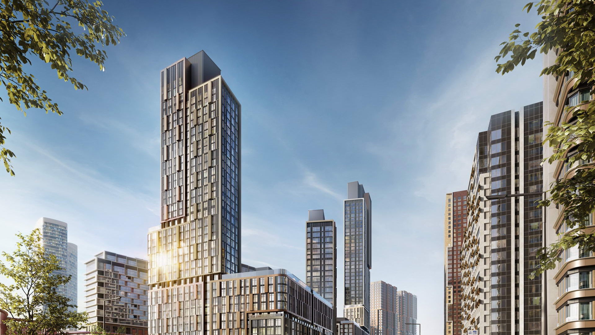 Slow cinematic pull-back revealing more of the modern city street and surrounding buildings. The ...