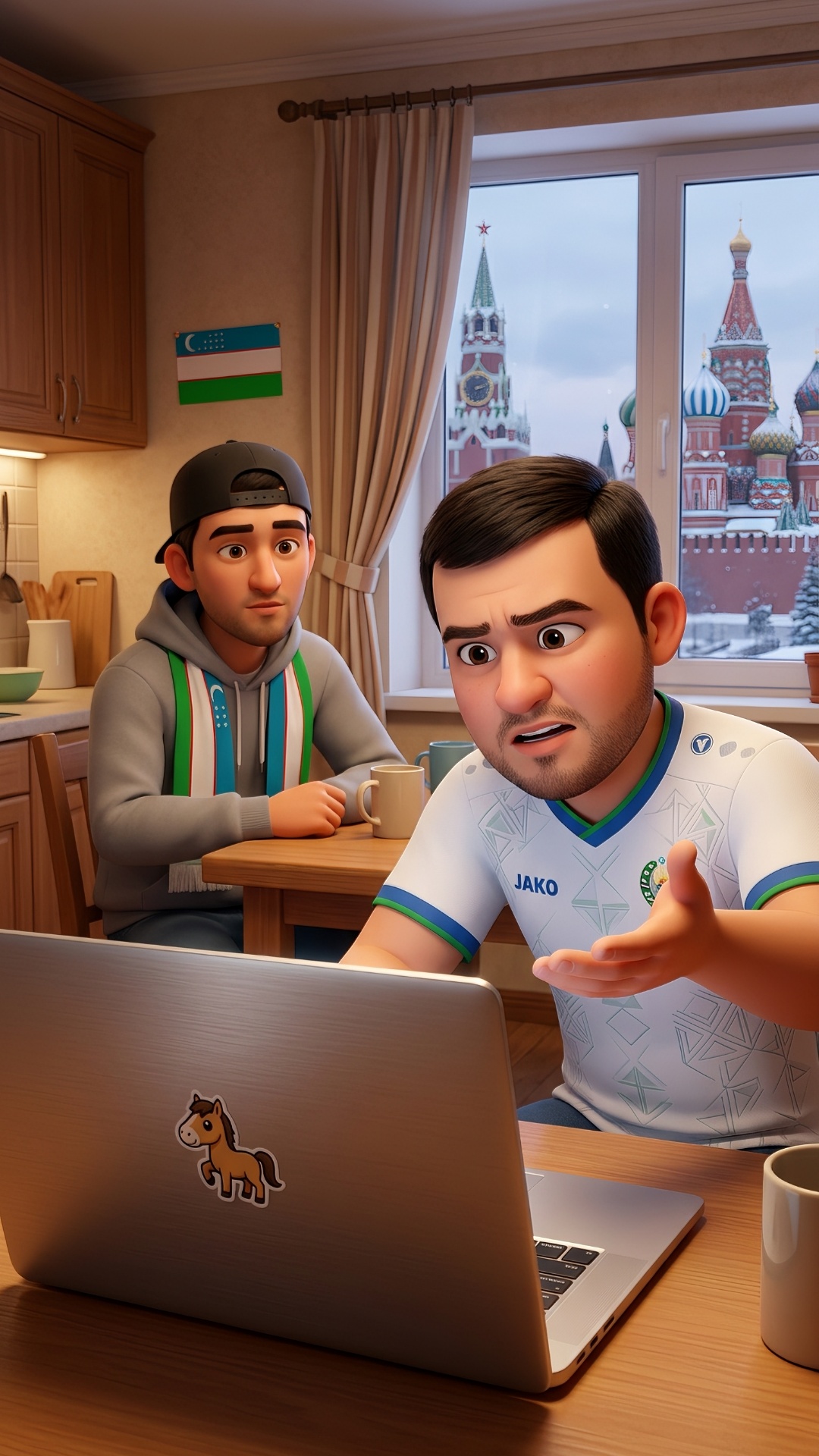 Animate this image. Pixar-style 3D, vertical 9:16, camera behind the laptop. The friend leans in ...