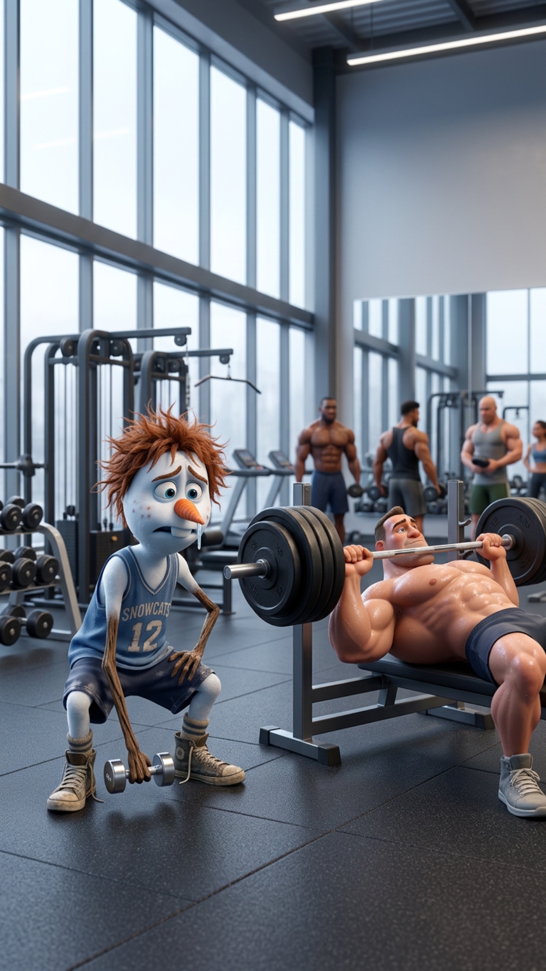 Камера статична. Стиль 3d-Pixar. Кинематографическая сцена в просторном тренировочном зале элитно...