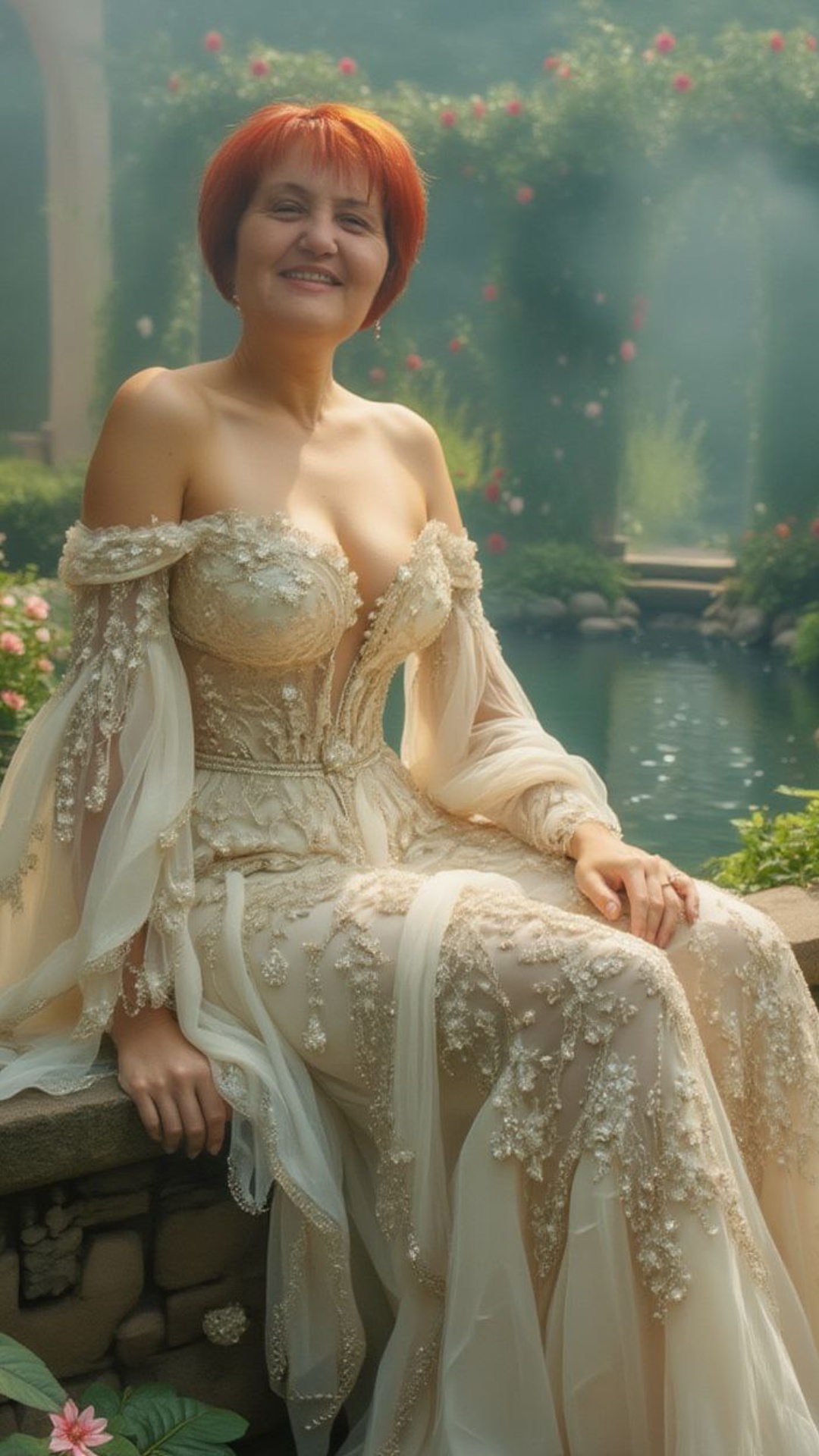 femeea se schimba in rochie rosie de seara si bea cafea din cana de culoare bej