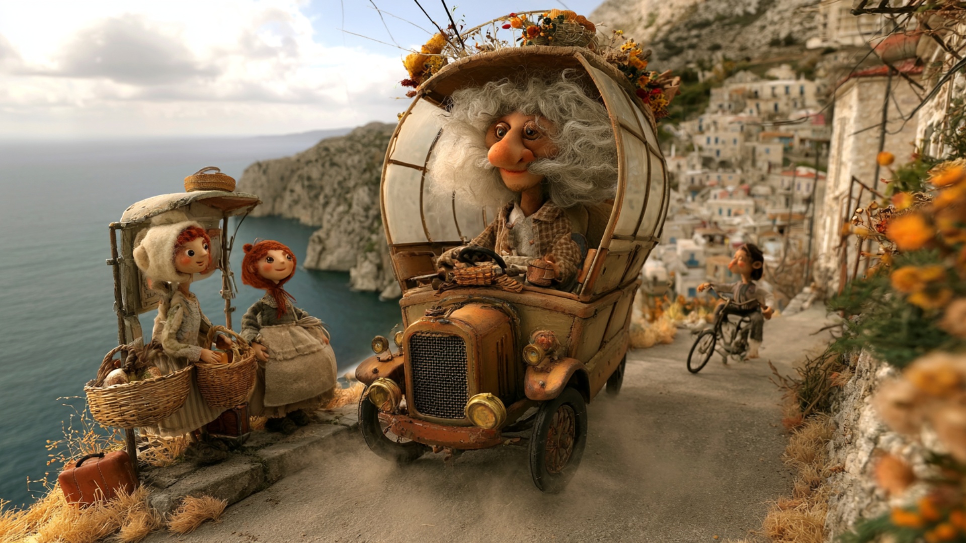 The small vintage vehicle slowly drives forward along the narrow coastal road, suspension gently ...