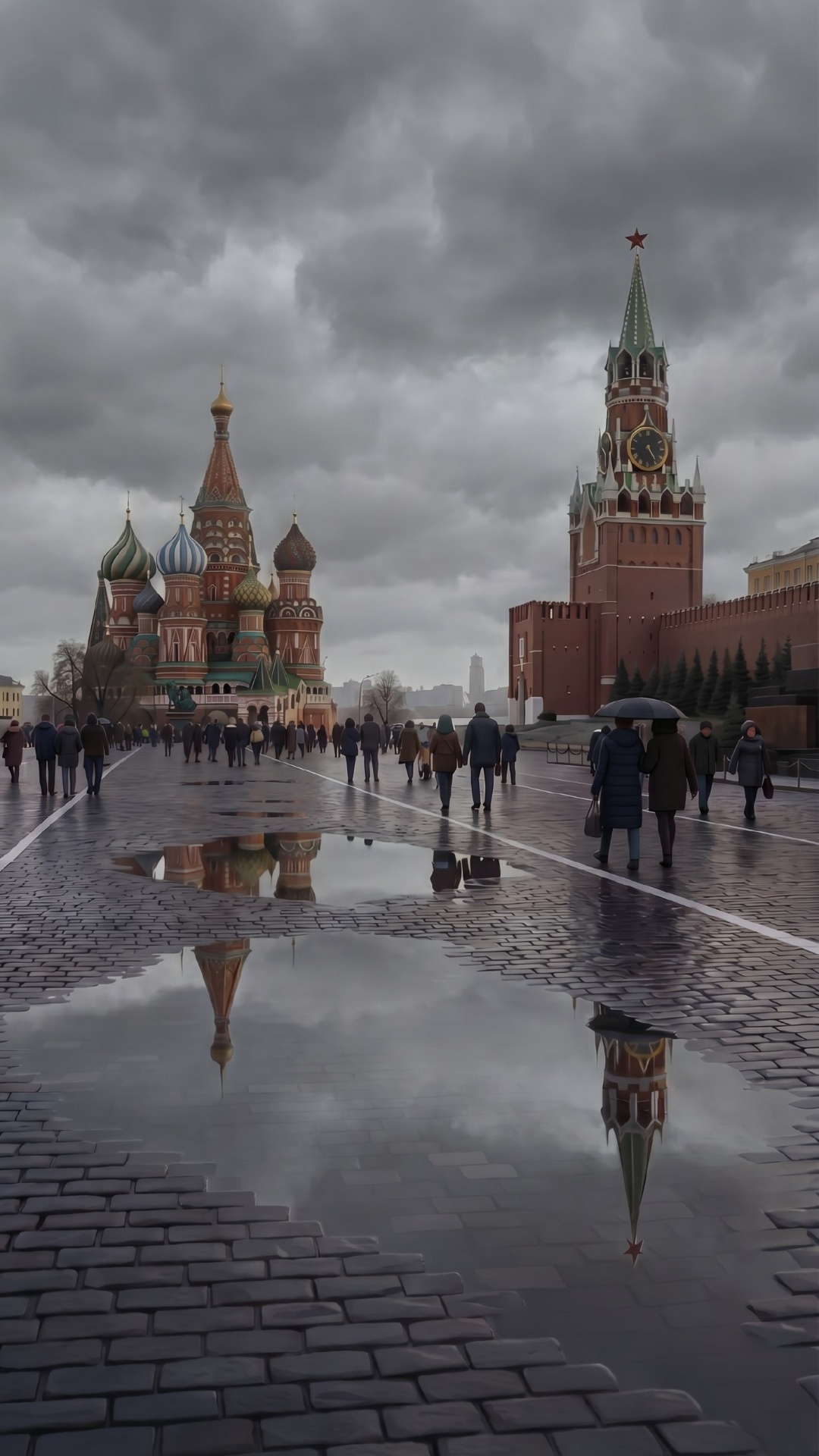 wide cinematic establishing shot of Red Square in Moscow during a rainy early spring day, wet cob...