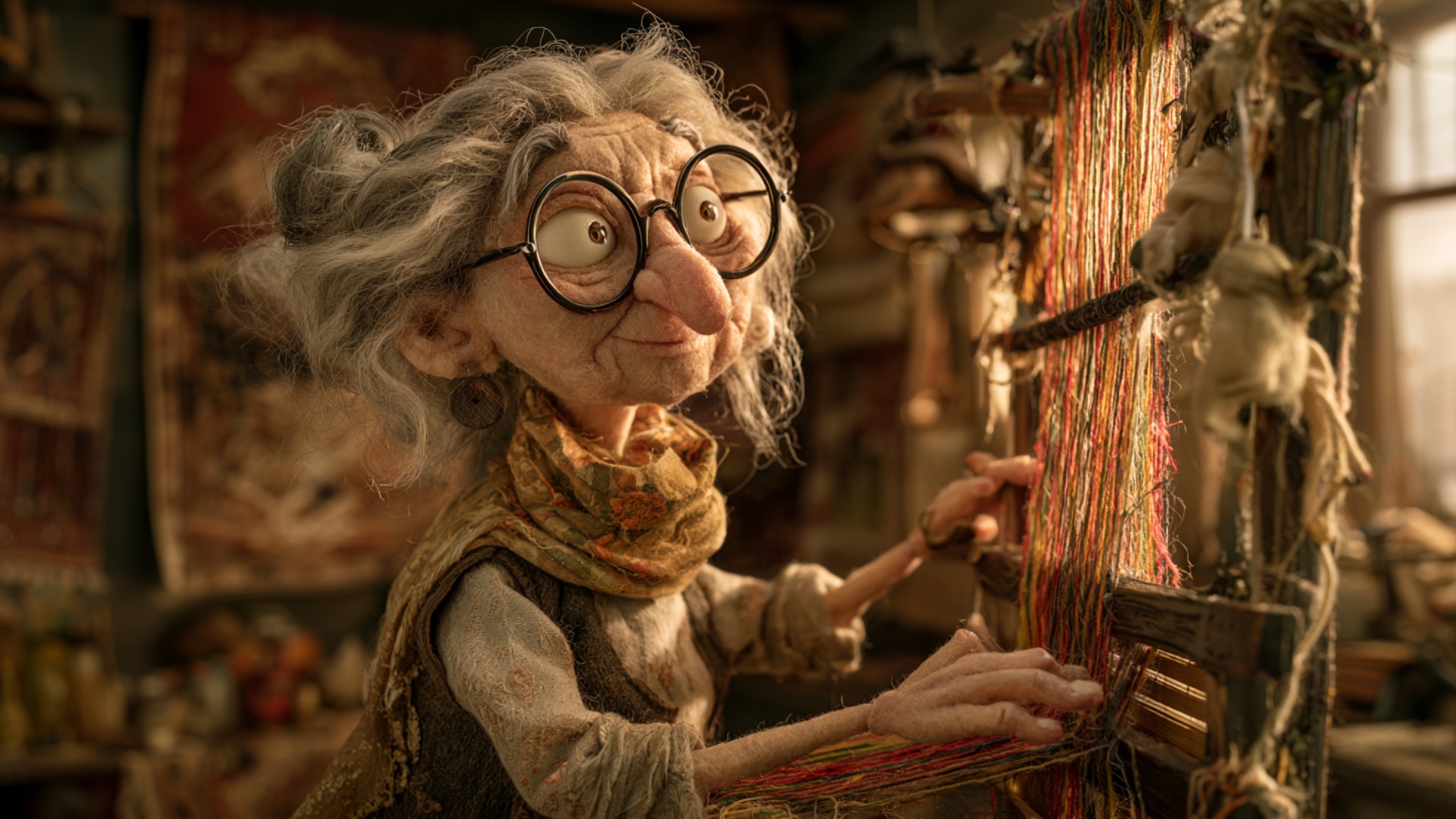 Her hands move rapidly, colored threads whipping and crossing on the loom, dust motes catching th...
