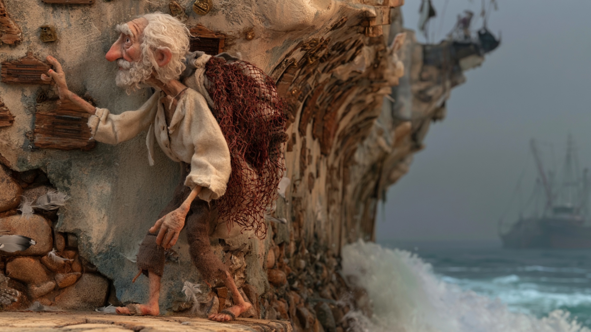 The fisherman reaches toward one weathered plaque and brushes his fingertips across its surface, ...