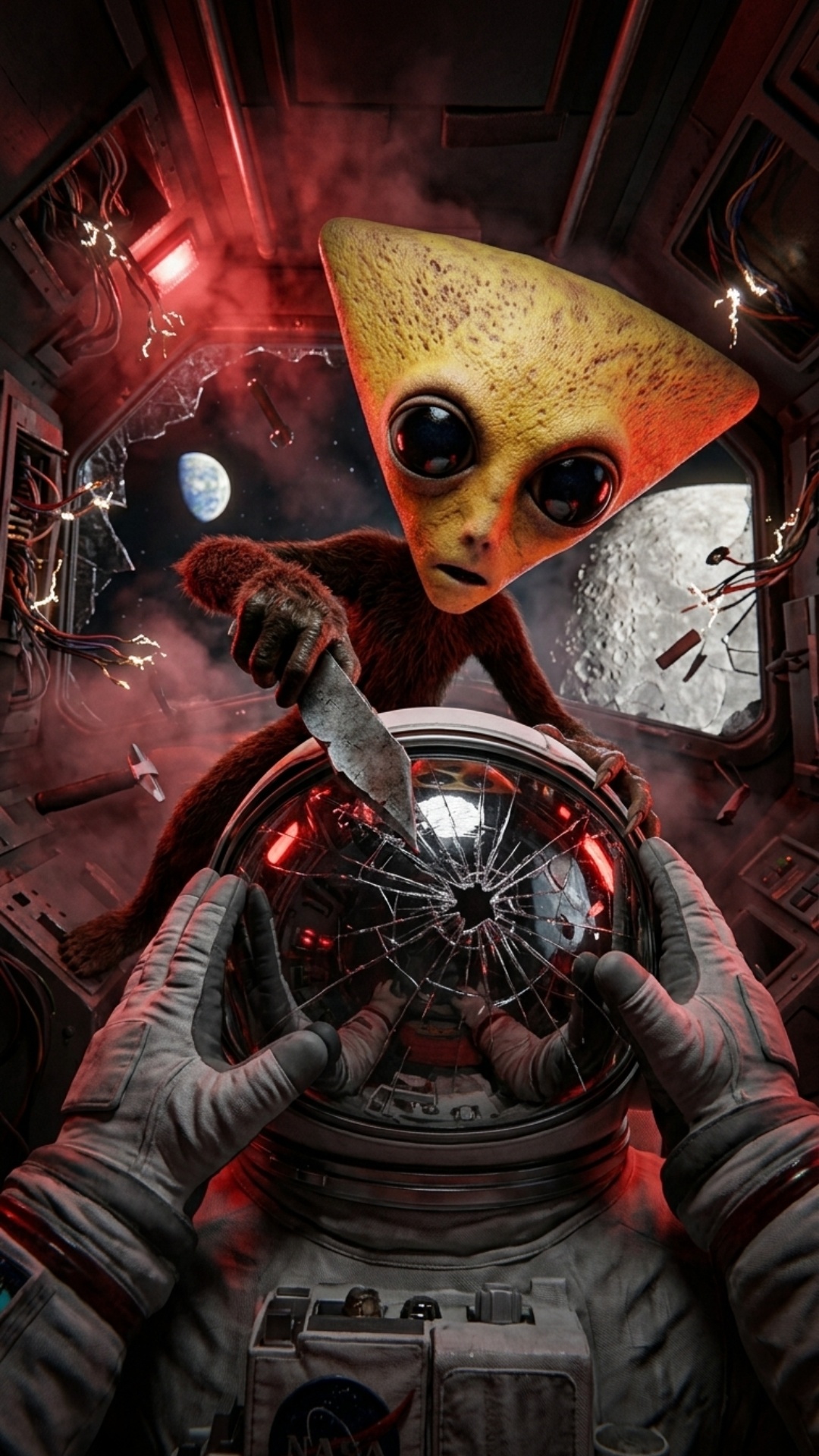 POV dentro de un cohete espacial dañado viajando hacia la luna. Tus manos intentan tomar el traje...