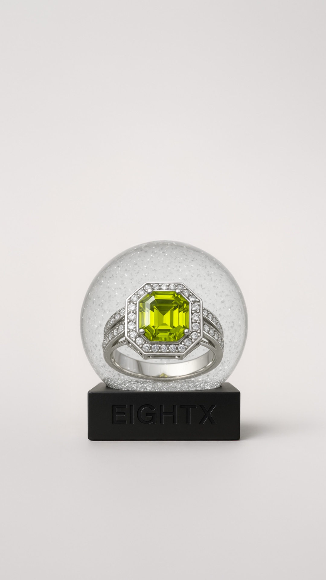 Hyper-realistic animation of a luxury glass snow globe with silver glitter and a high-end emerald...
