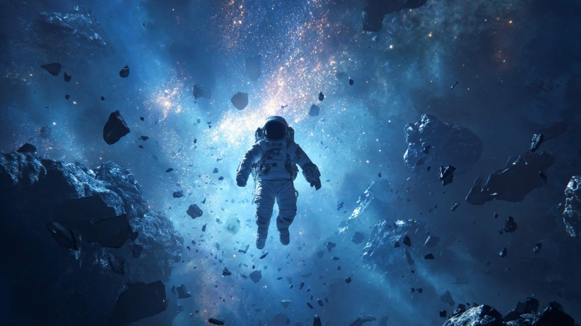 In the silence of the cosmos, an astronaut floats beyond the edge of gravity.
Asteroids drift slo...