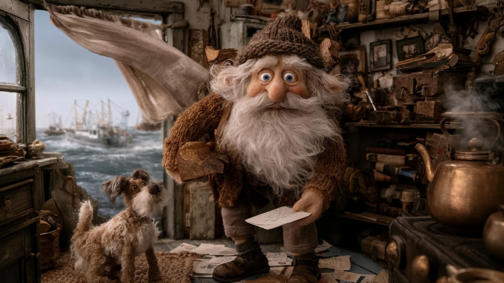 The elderly fisherman pauses just inside the doorway while holding the firewood securely against ...