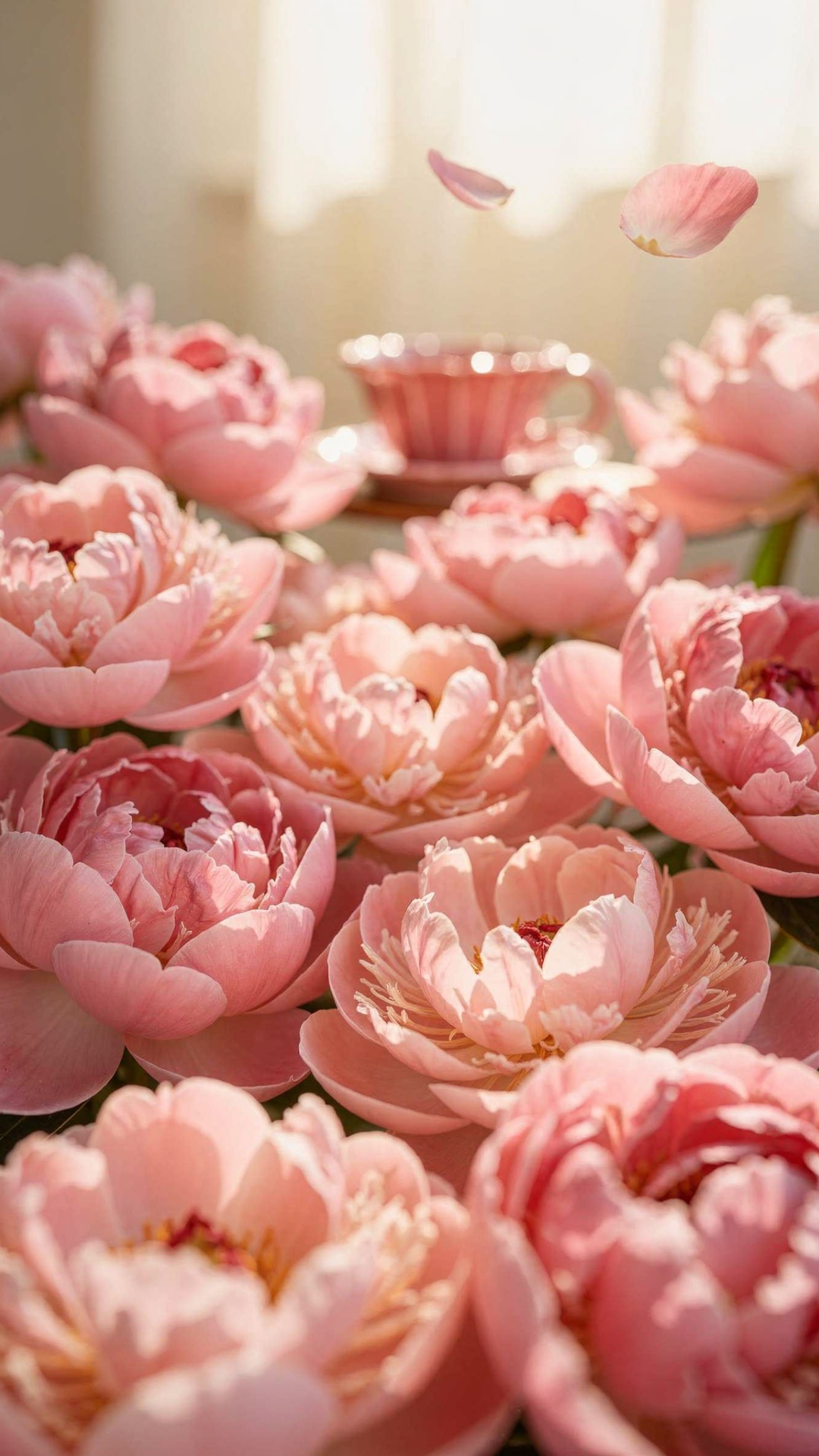 Using the provided start and end frames.
The entire frame is filled with lush pink flowers gently...